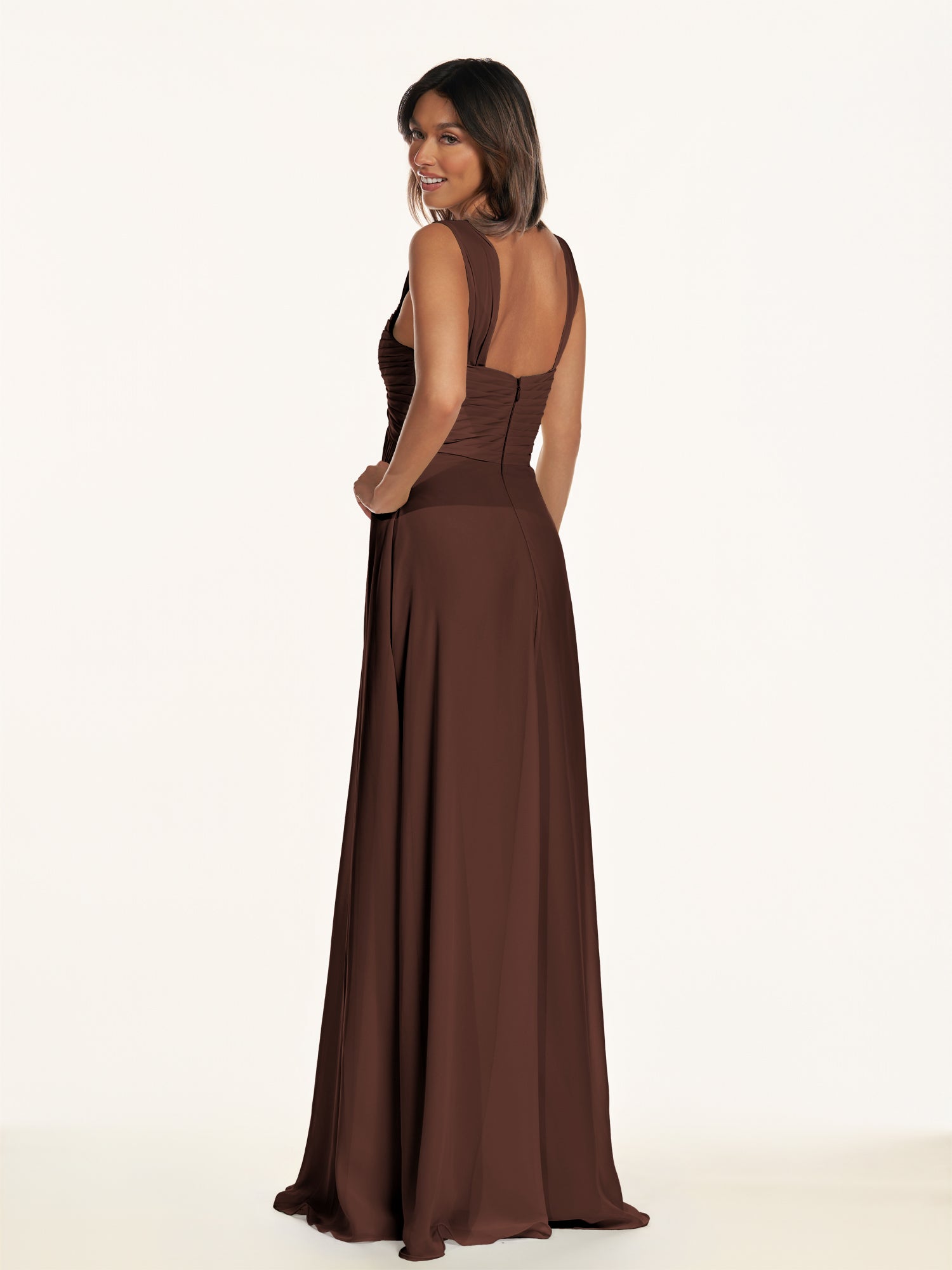 KissDress-Breona Espresso A Line Chiffon Off the Shoulder Twisted Long Bridesmaid Dress