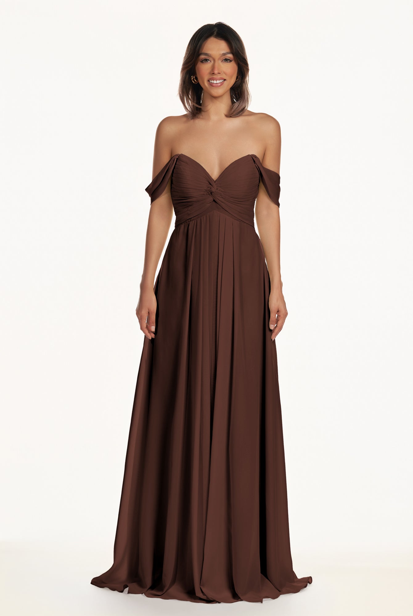 KissDress-Breona Espresso A Line Chiffon Off the Shoulder Twisted Long Bridesmaid Dress