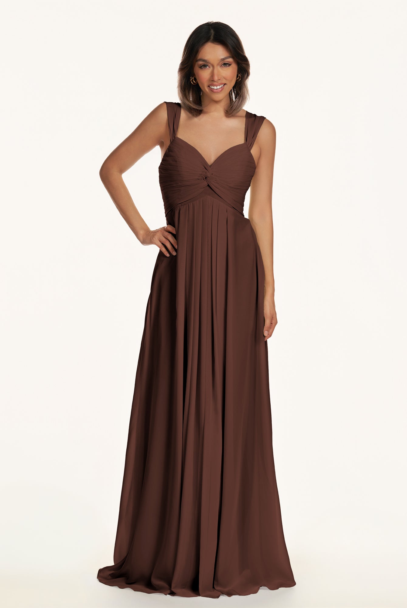 KissDress-Breona Espresso A Line Chiffon Off the Shoulder Twisted Long Bridesmaid Dress