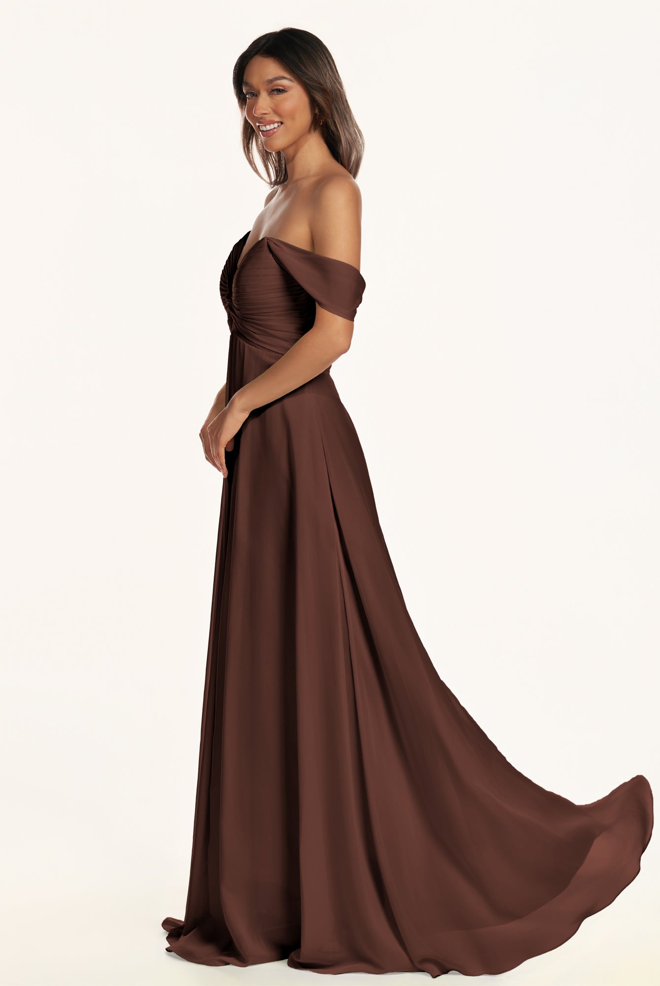 KissDress-Breona Espresso A Line Chiffon Off the Shoulder Twisted Long Bridesmaid Dress