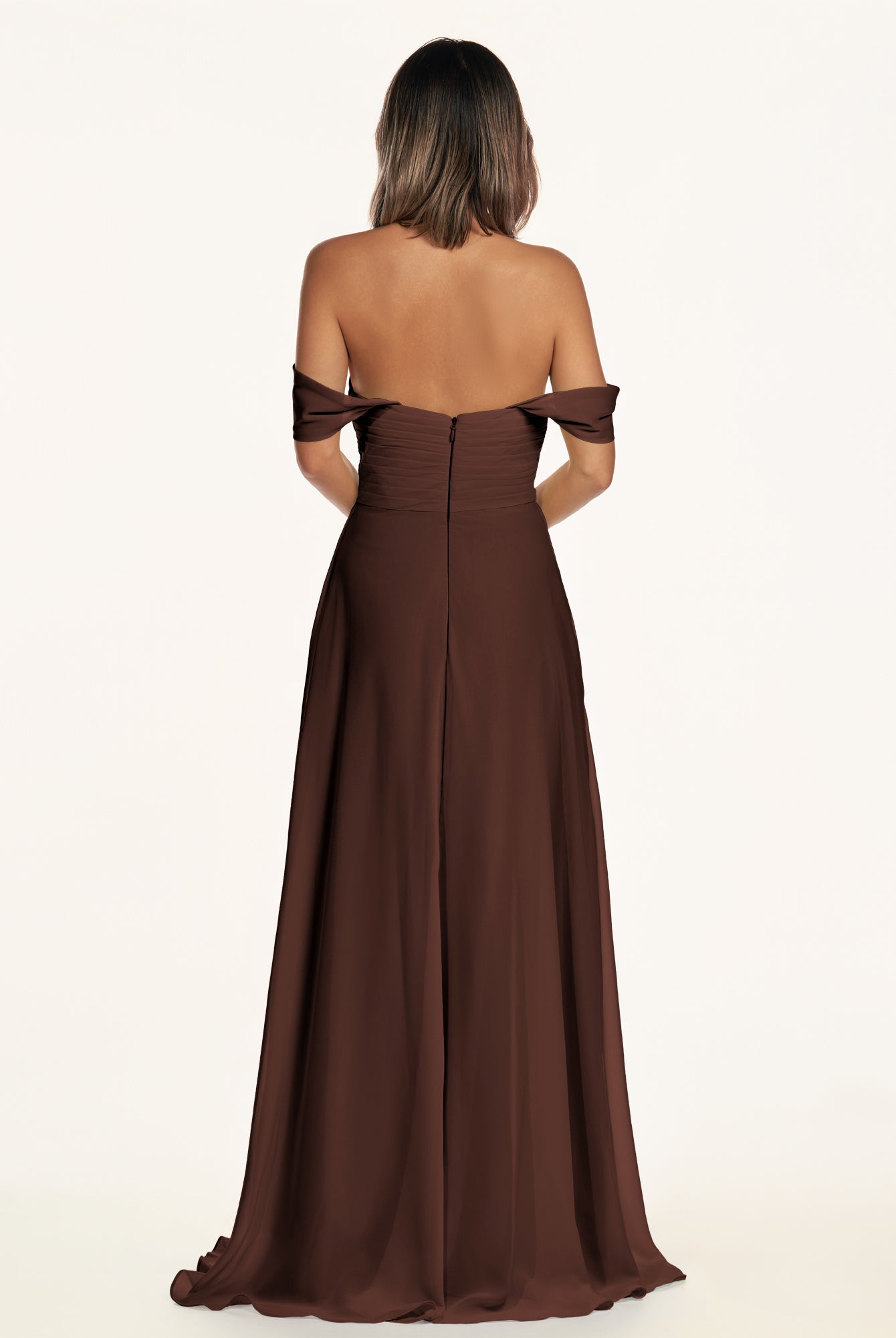 KissDress-Breona Espresso A Line Chiffon Off the Shoulder Twisted Long Bridesmaid Dress