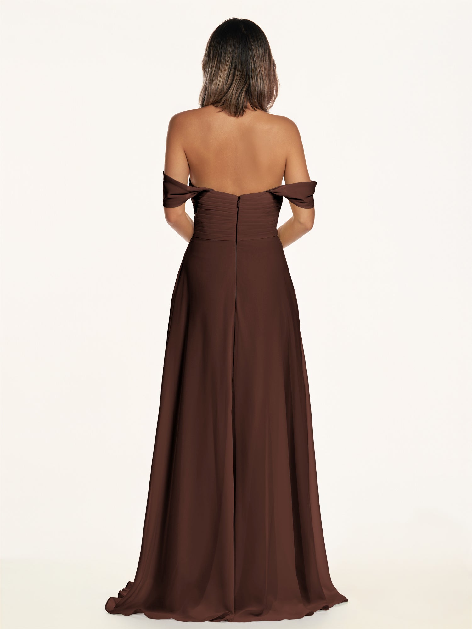 KissDress-Breona Espresso A Line Chiffon Off the Shoulder Twisted Long Bridesmaid Dress