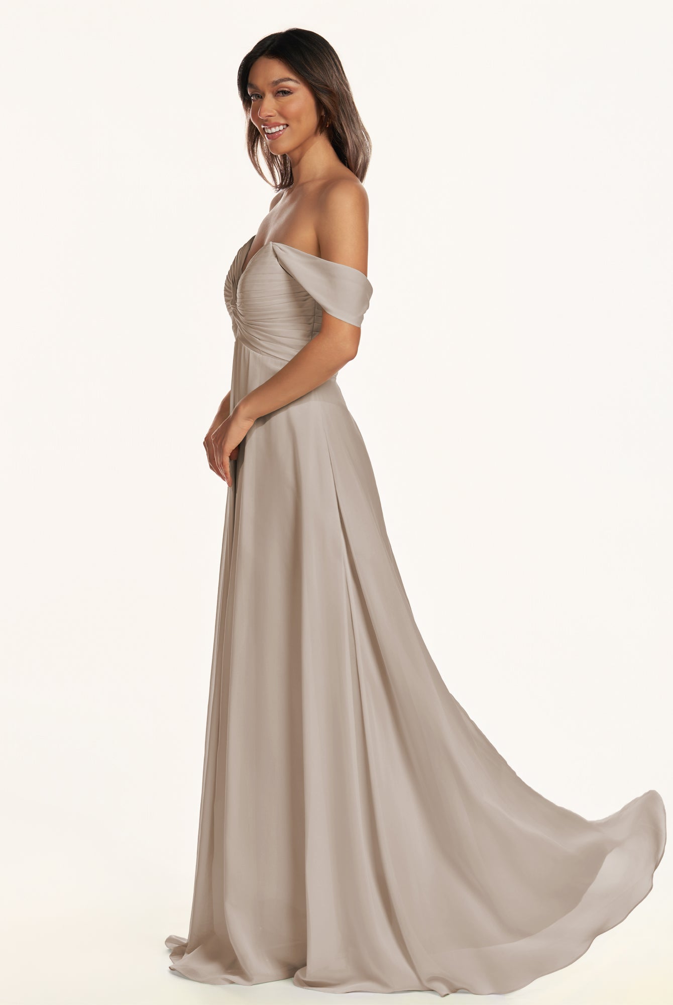 KissDress-Breona Frost A Line Chiffon Off the Shoulder Twisted Long Bridesmaid Dress