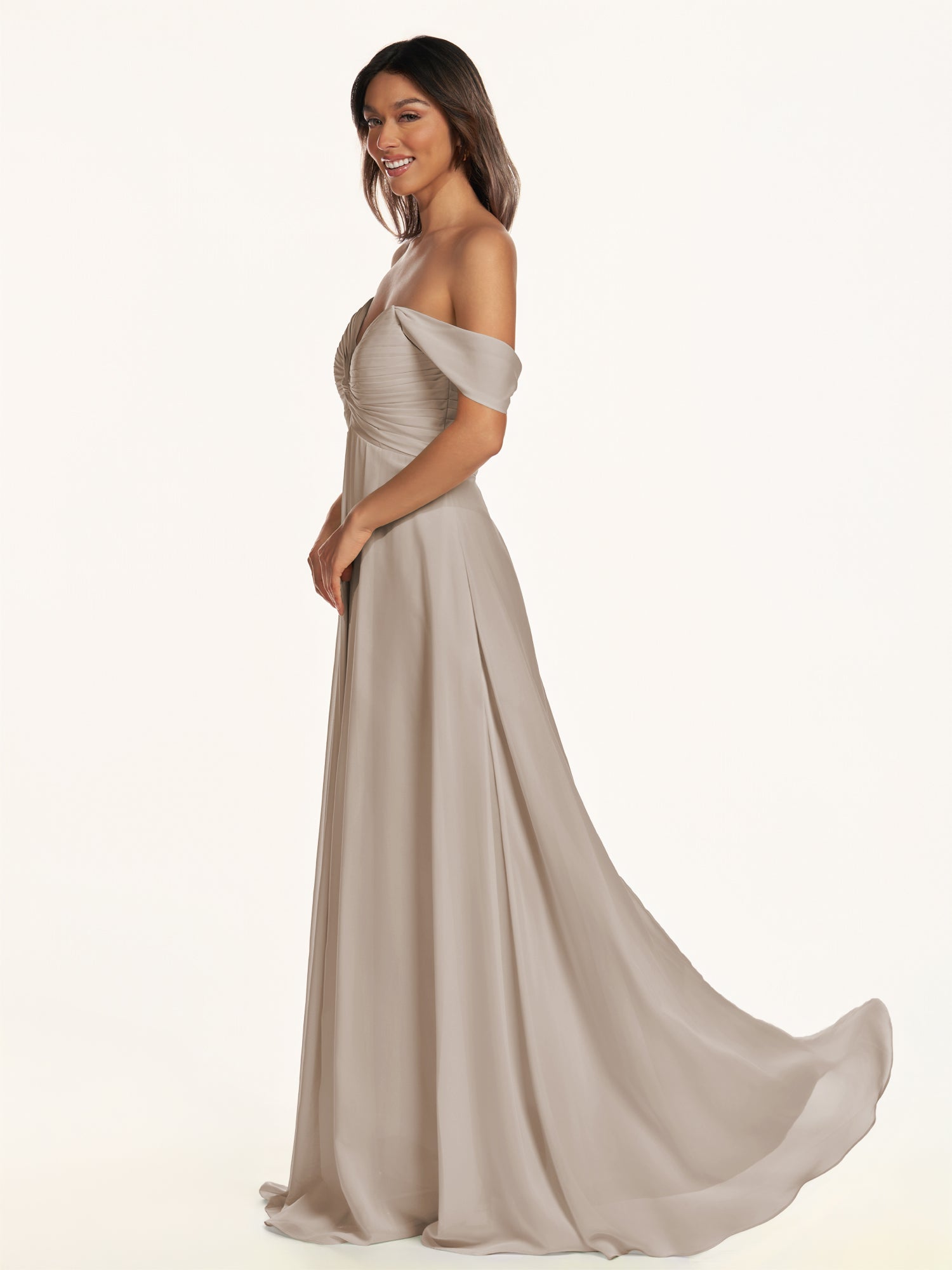 KissDress-Breona Frost A Line Chiffon Off the Shoulder Twisted Long Bridesmaid Dress