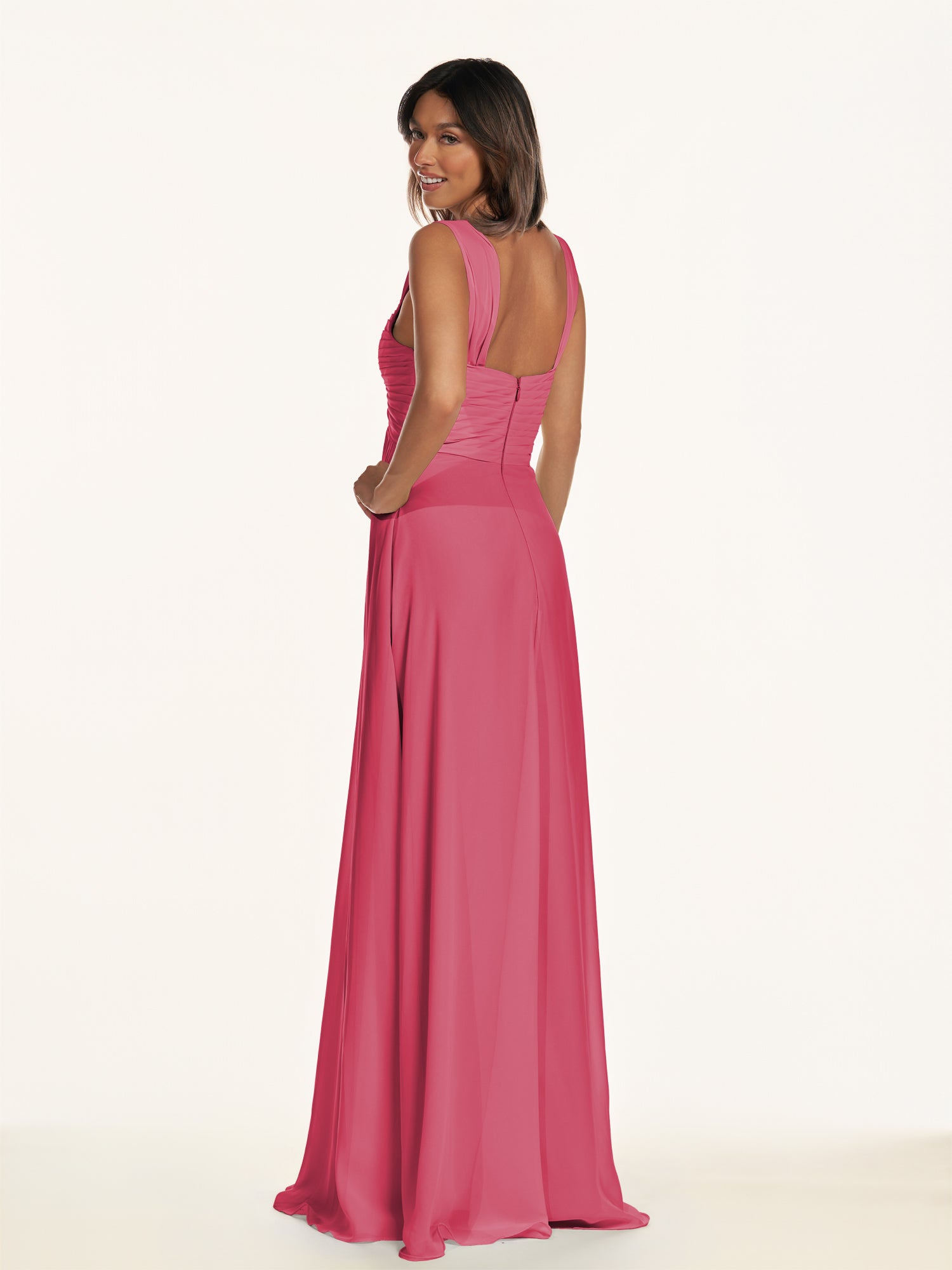 KissDress-Breona Fuchsia A Line Chiffon Off the Shoulder Twisted Long Bridesmaid Dress