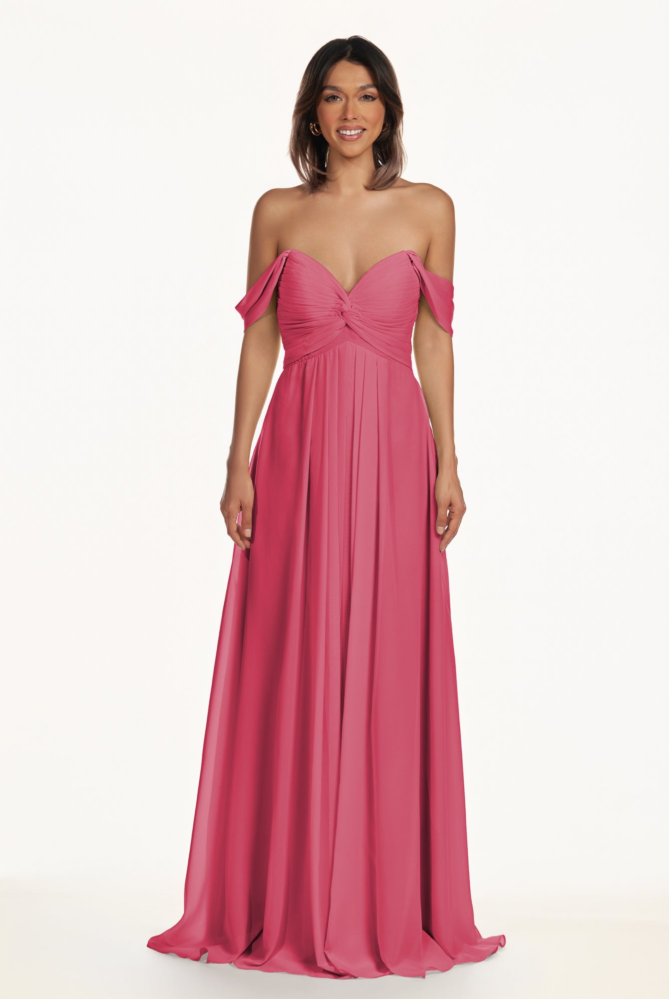 KissDress-Breona Fuchsia A Line Chiffon Off the Shoulder Twisted Long Bridesmaid Dress