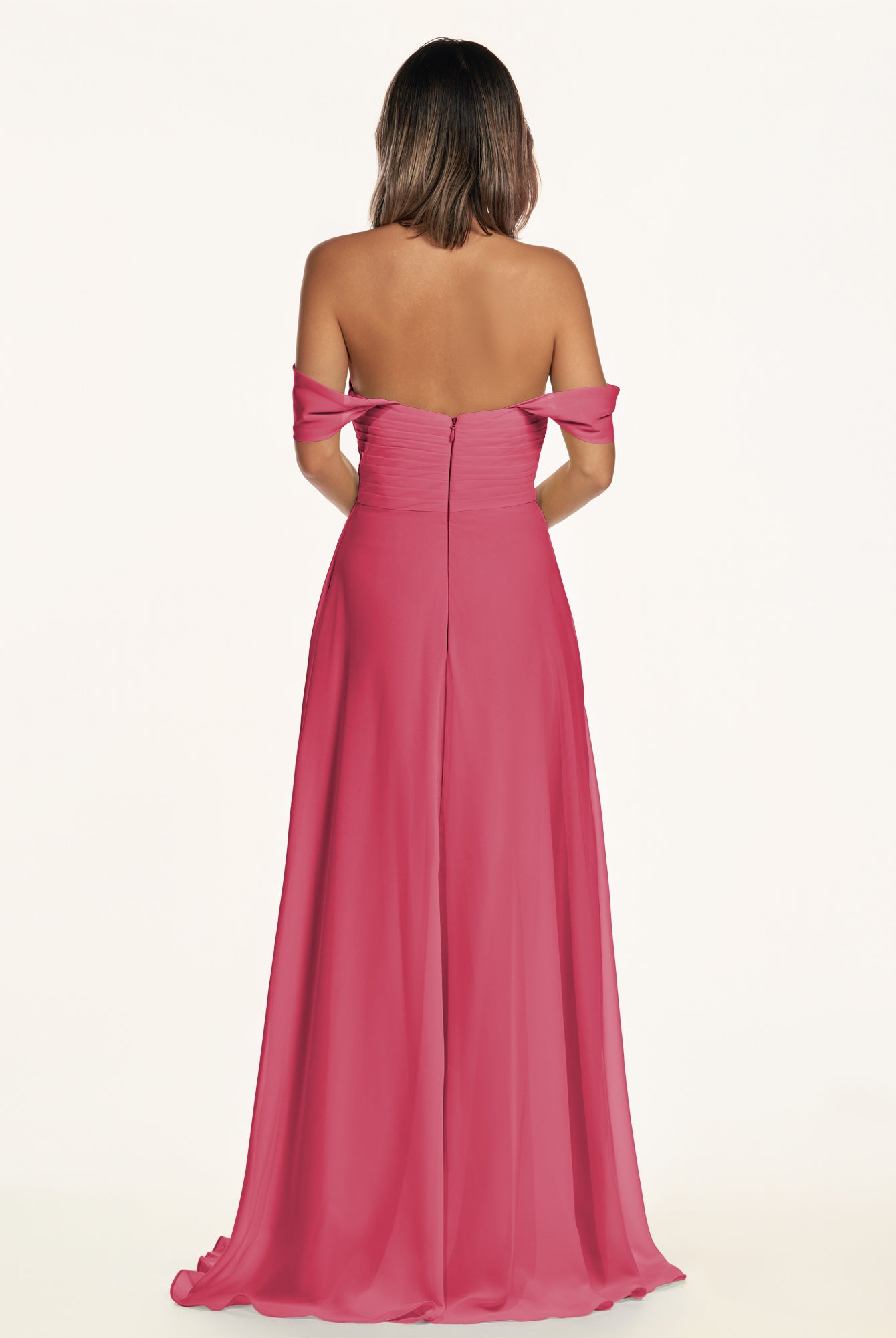 KissDress-Breona Fuchsia A Line Chiffon Off the Shoulder Twisted Long Bridesmaid Dress