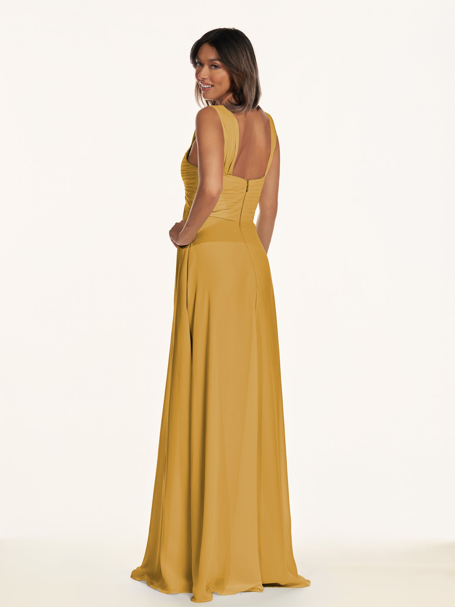 KissDress-Breona Marigold A Line Chiffon Off the Shoulder Twisted Long Bridesmaid Dress