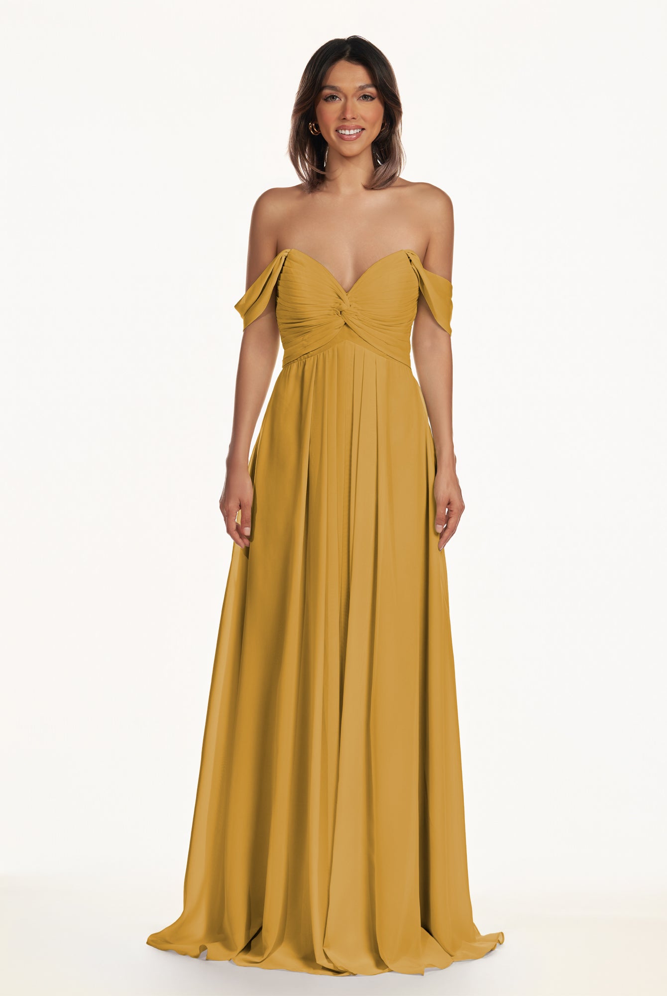 KissDress-Breona Marigold A Line Chiffon Off the Shoulder Twisted Long Bridesmaid Dress