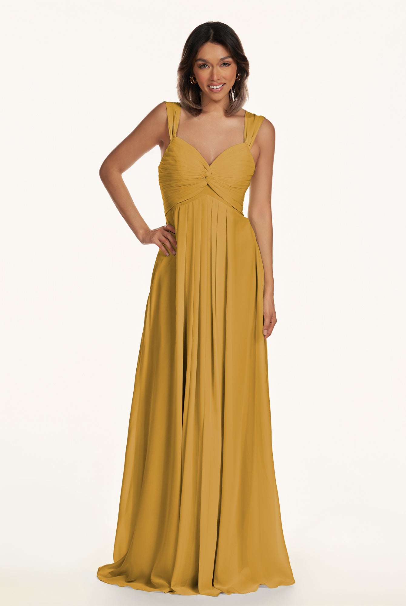 KissDress-Breona Marigold A Line Chiffon Off the Shoulder Twisted Long Bridesmaid Dress