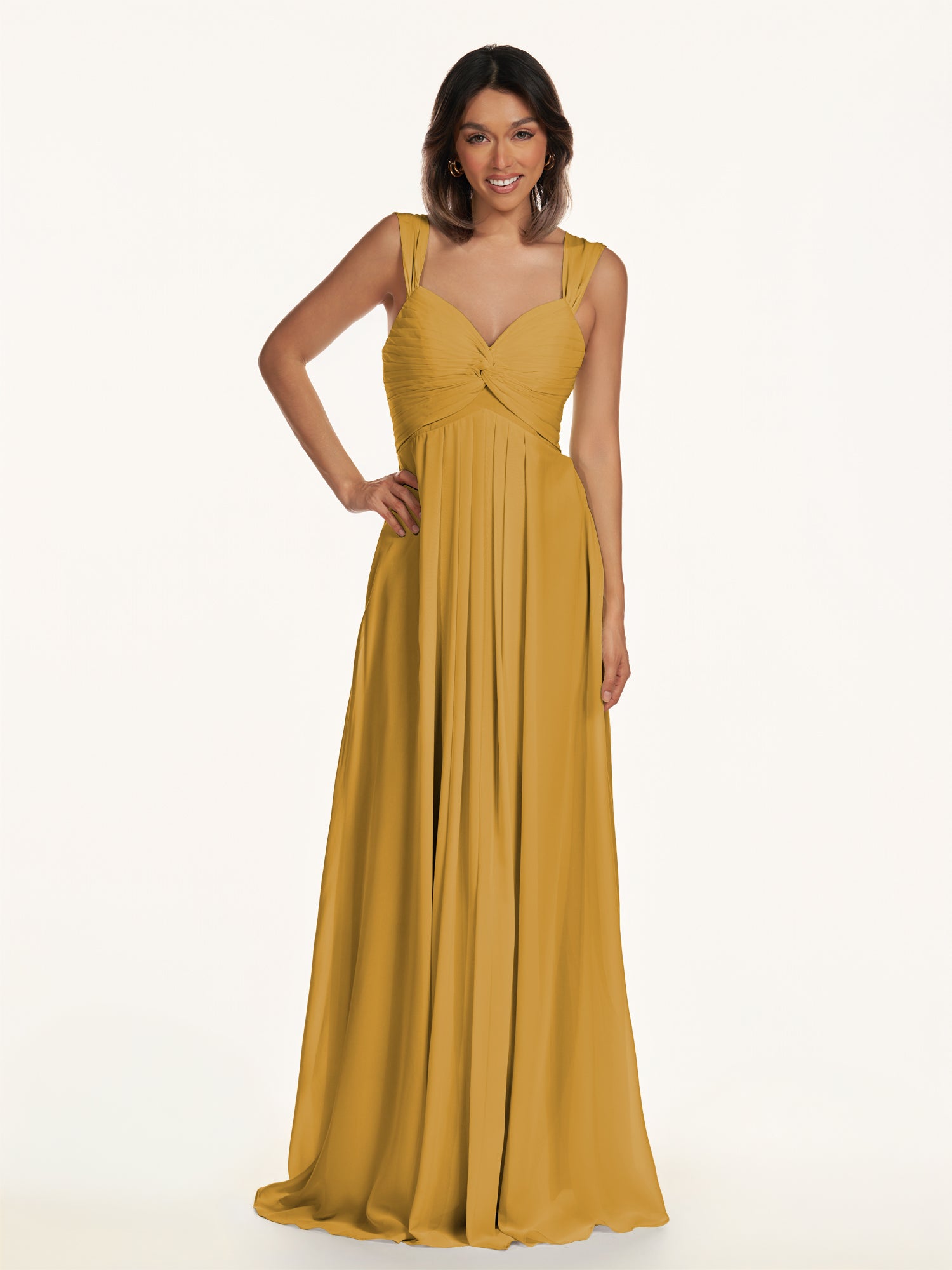 KissDress-Breona Marigold A Line Chiffon Off the Shoulder Twisted Long Bridesmaid Dress