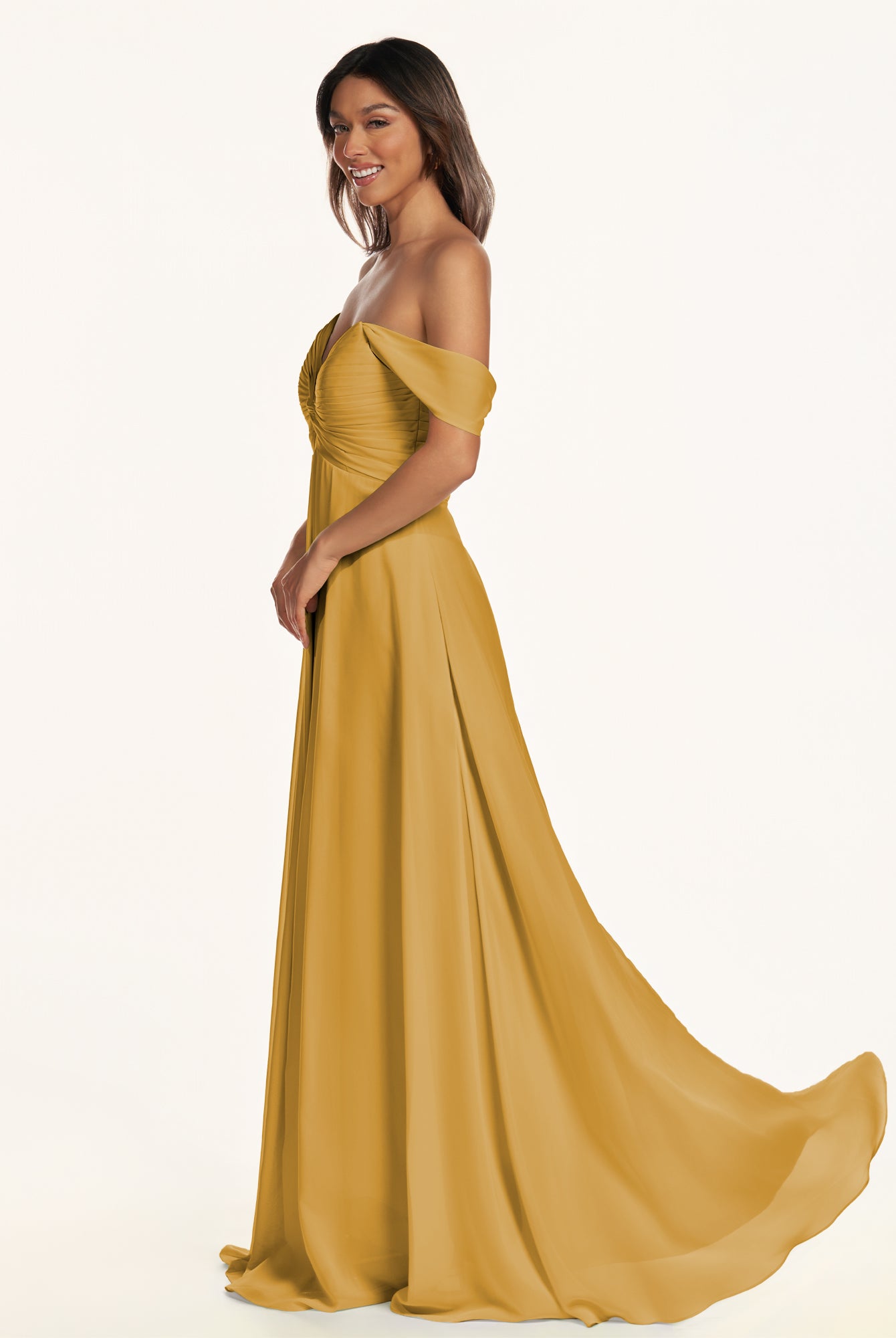 KissDress-Breona Marigold A Line Chiffon Off the Shoulder Twisted Long Bridesmaid Dress