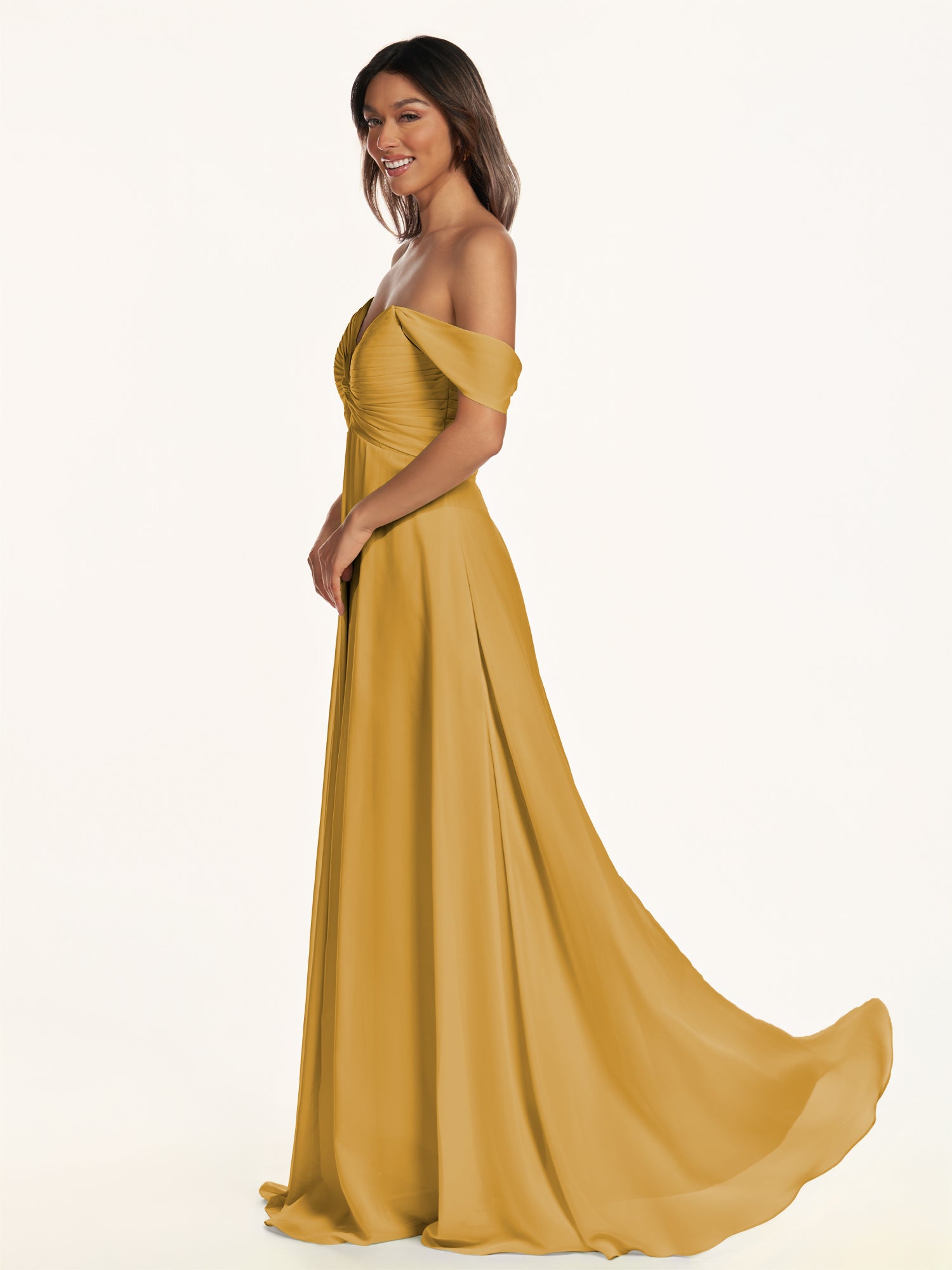 KissDress-Breona Marigold A Line Chiffon Off the Shoulder Twisted Long Bridesmaid Dress