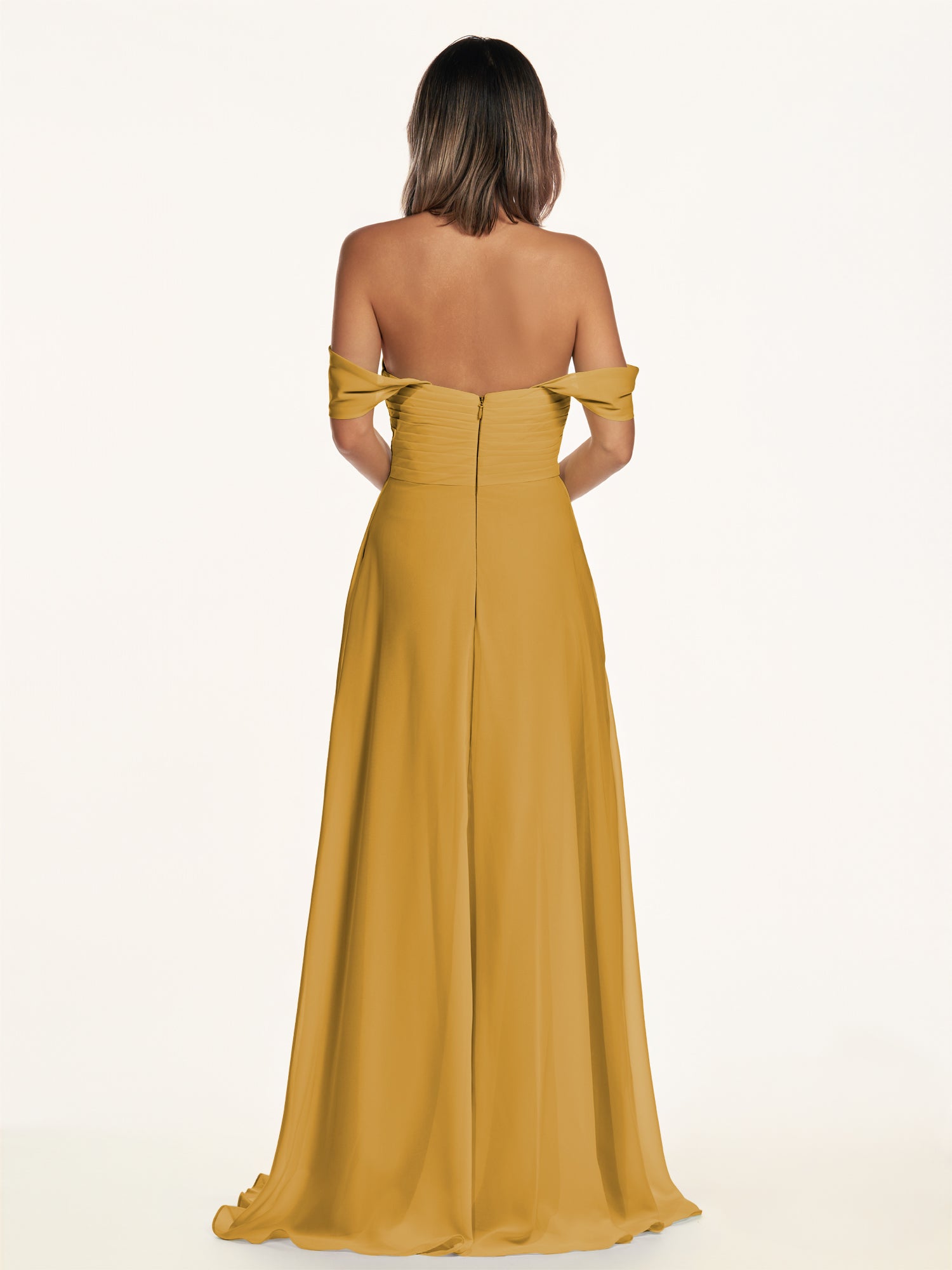 KissDress-Breona Marigold A Line Chiffon Off the Shoulder Twisted Long Bridesmaid Dress