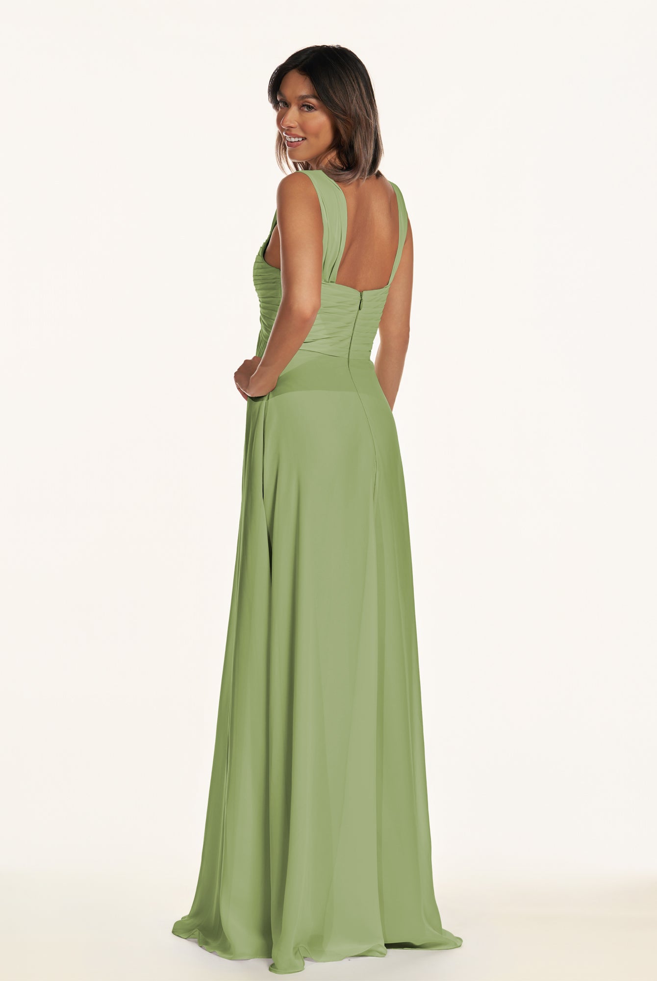 KissDress-Breona Matcha A Line Chiffon Off the Shoulder Twisted Long Bridesmaid Dress