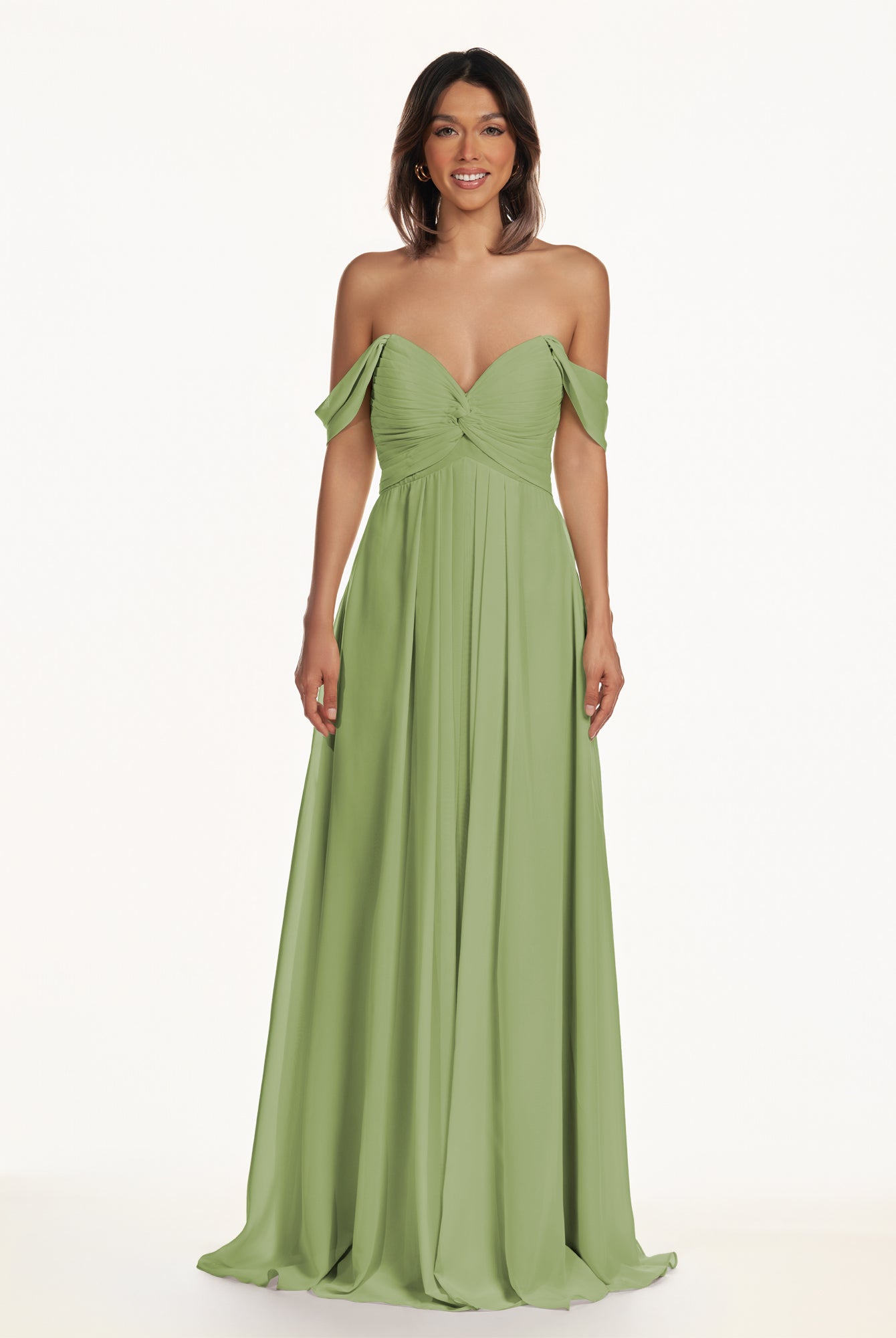 KissDress-Breona Matcha A Line Chiffon Off the Shoulder Twisted Long Bridesmaid Dress