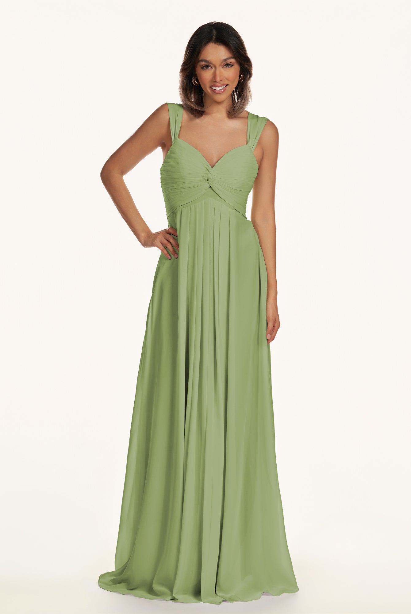 KissDress-Breona Matcha A Line Chiffon Off the Shoulder Twisted Long Bridesmaid Dress