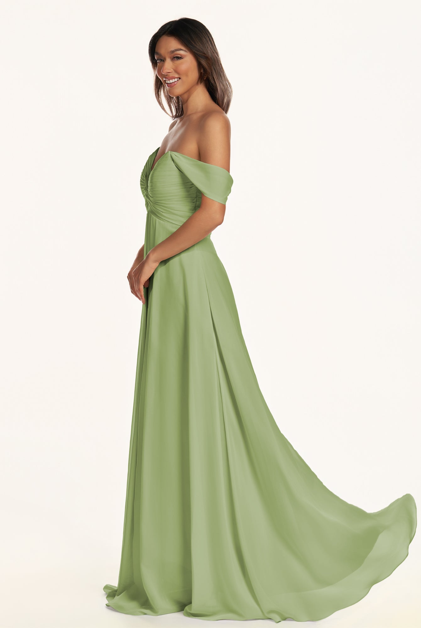 KissDress-Breona Matcha A Line Chiffon Off the Shoulder Twisted Long Bridesmaid Dress