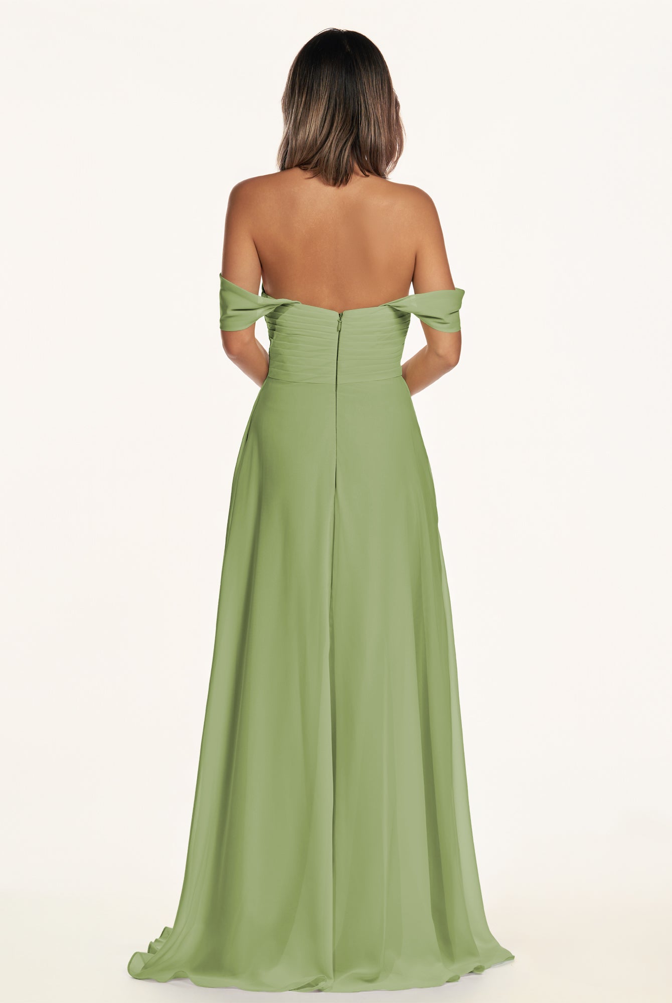 KissDress-Breona Matcha A Line Chiffon Off the Shoulder Twisted Long Bridesmaid Dress