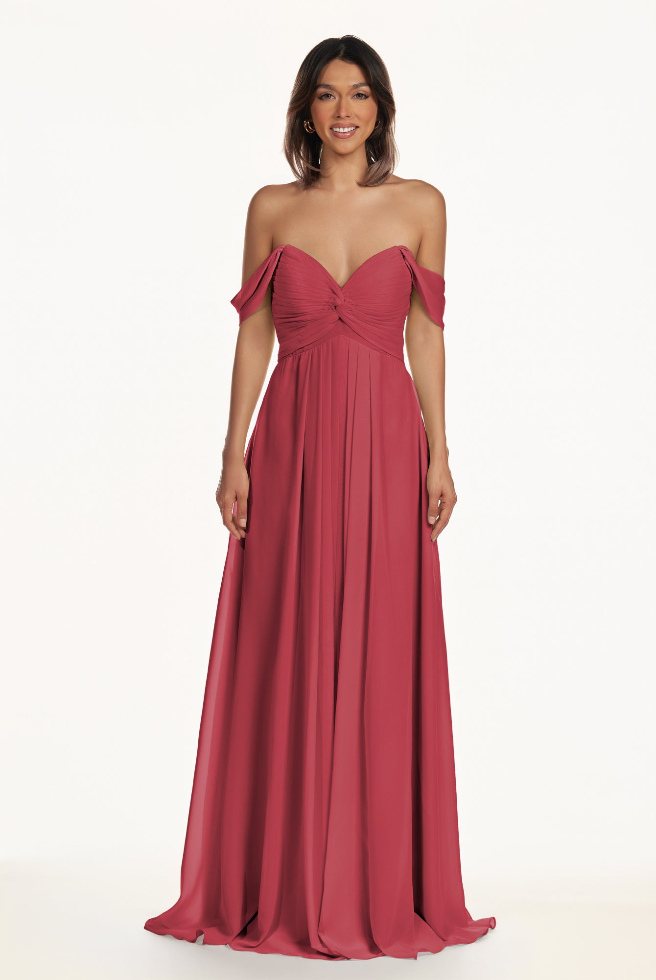 KissDress-Breona Merlot A Line Chiffon Off the Shoulder Twisted Long Bridesmaid Dress