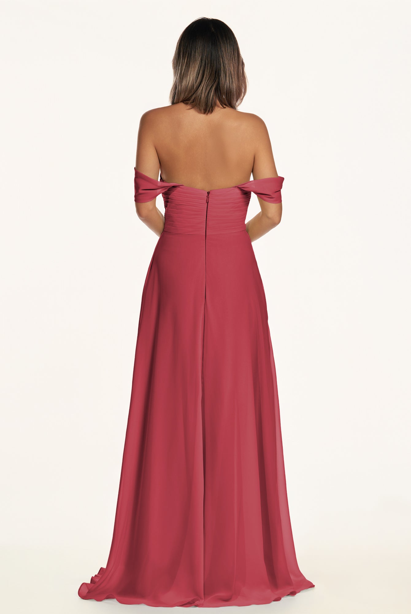 KissDress-Breona Merlot A Line Chiffon Off the Shoulder Twisted Long Bridesmaid Dress