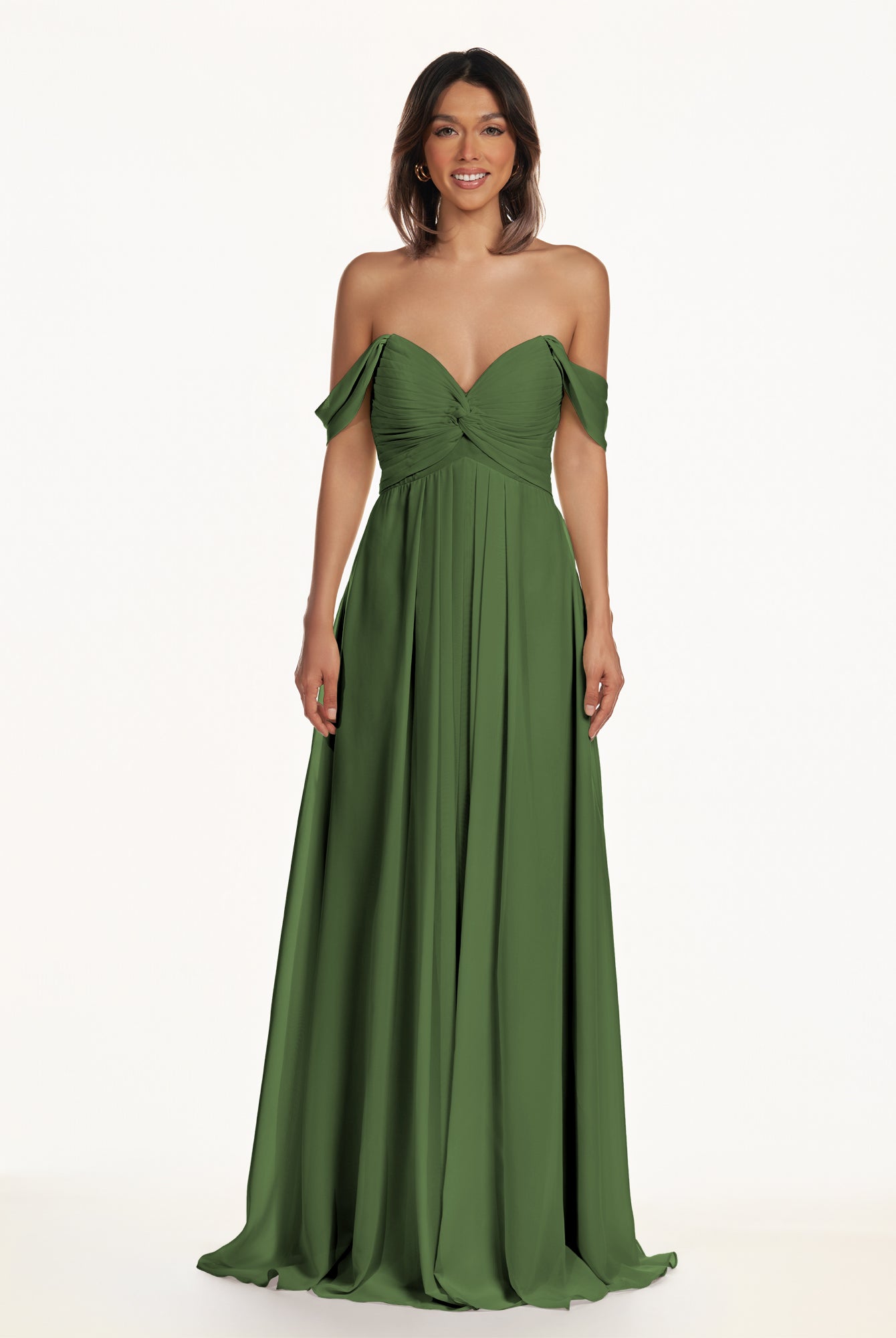 KissDress-Breona Moss A Line Chiffon Off the Shoulder Twisted Long Bridesmaid Dress