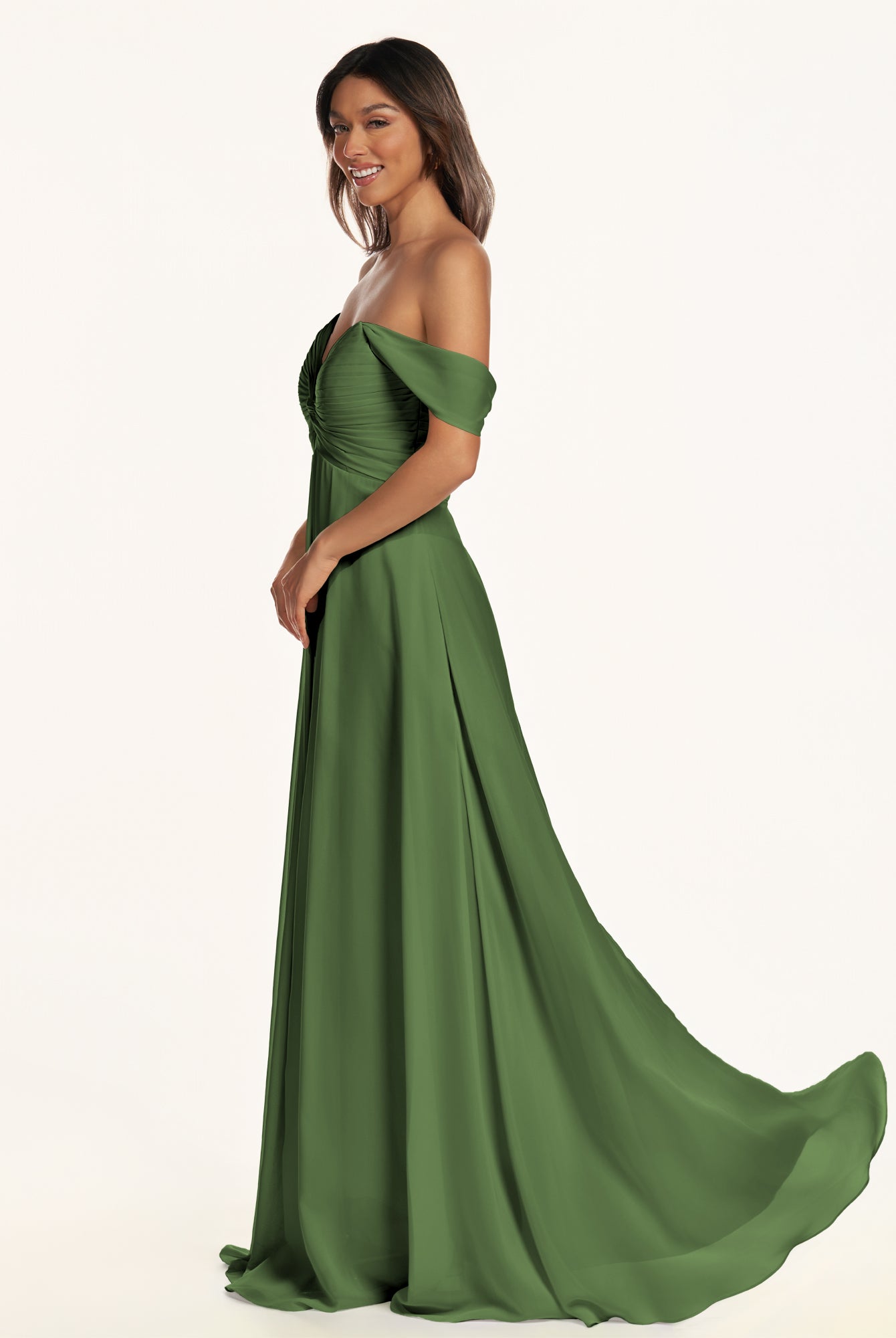 KissDress-Breona Moss A Line Chiffon Off the Shoulder Twisted Long Bridesmaid Dress