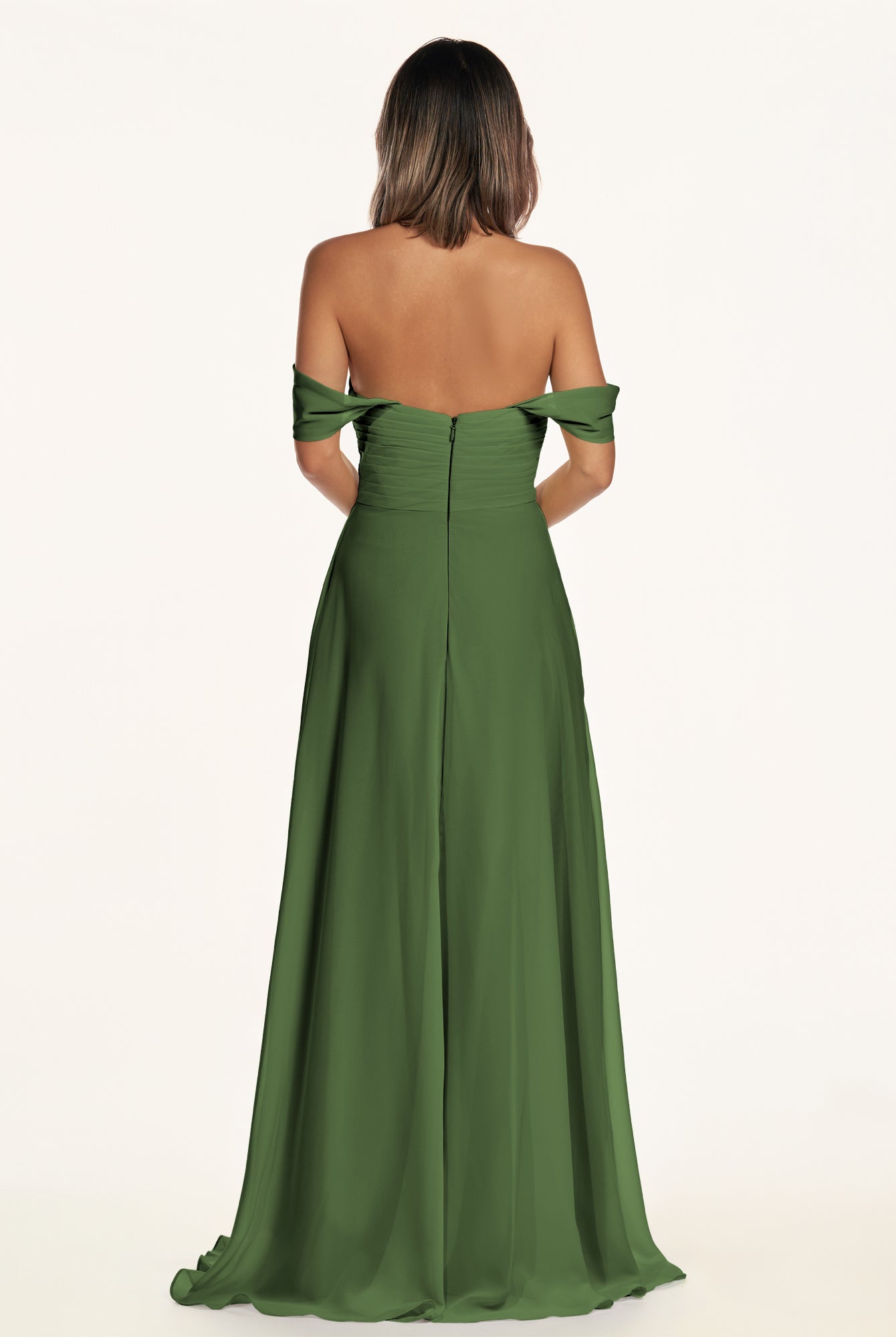 KissDress-Breona Moss A Line Chiffon Off the Shoulder Twisted Long Bridesmaid Dress