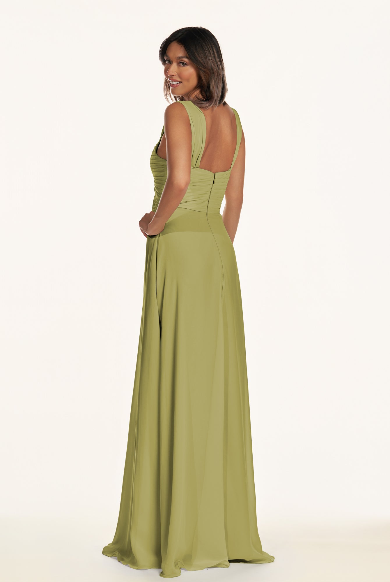 KissDress-Breona Moss Green A Line Chiffon Off the Shoulder Twisted Long Bridesmaid Dress