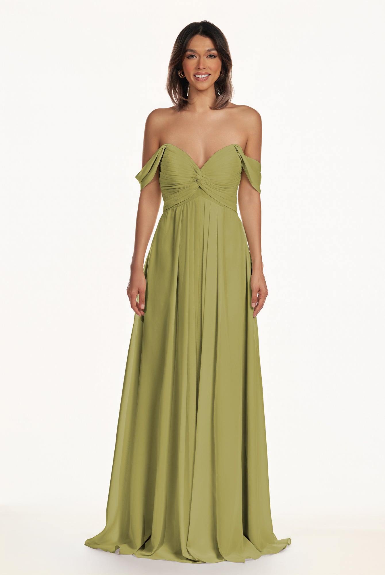 KissDress-Breona Moss Green A Line Chiffon Off the Shoulder Twisted Long Bridesmaid Dress