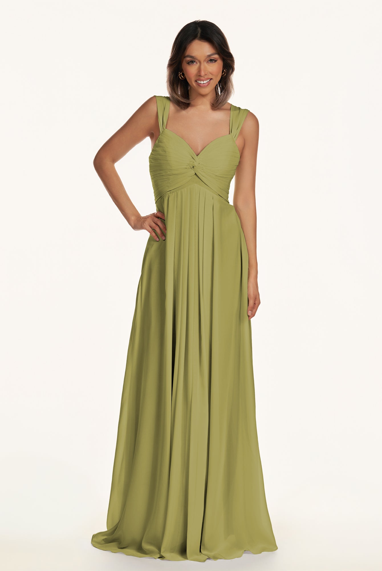 KissDress-Breona Moss Green A Line Chiffon Off the Shoulder Twisted Long Bridesmaid Dress