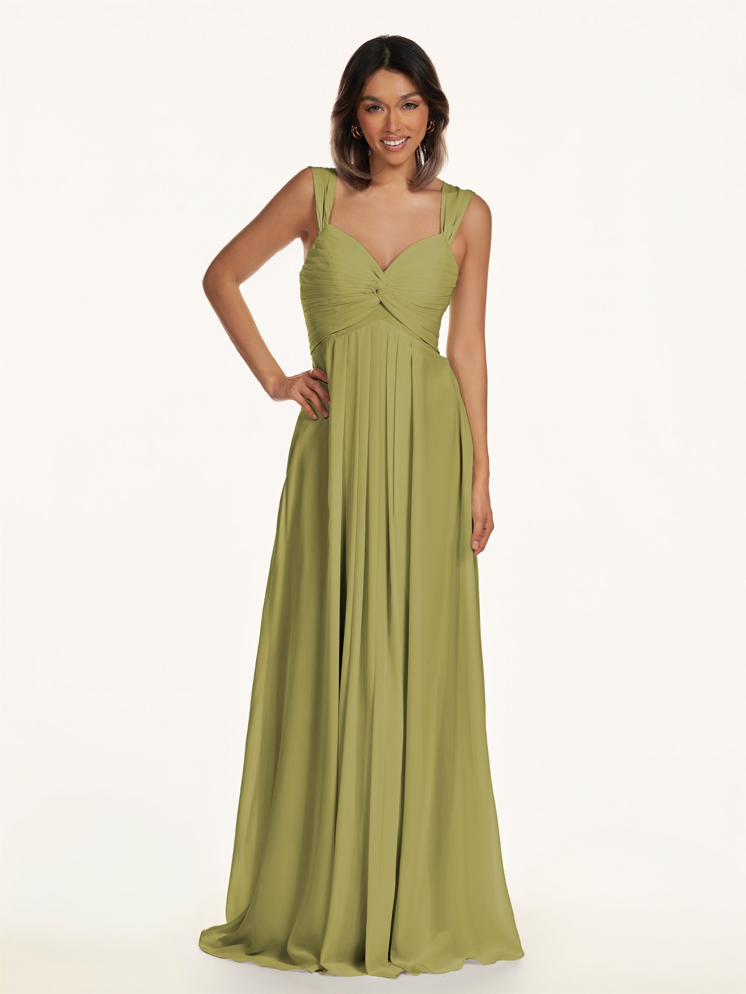 KissDress-Breona Moss Green A Line Chiffon Off the Shoulder Twisted Long Bridesmaid Dress