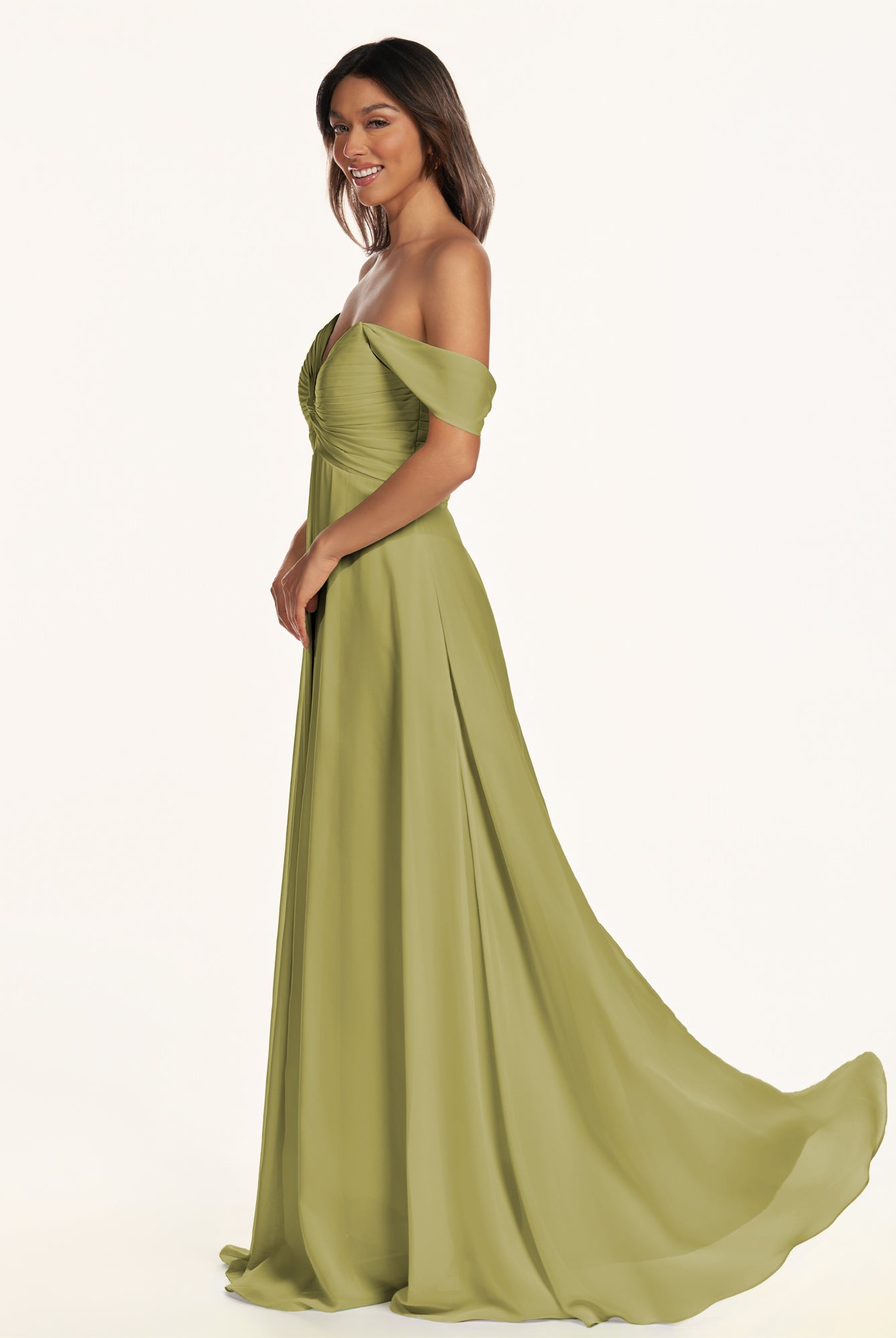 KissDress-Breona Moss Green A Line Chiffon Off the Shoulder Twisted Long Bridesmaid Dress
