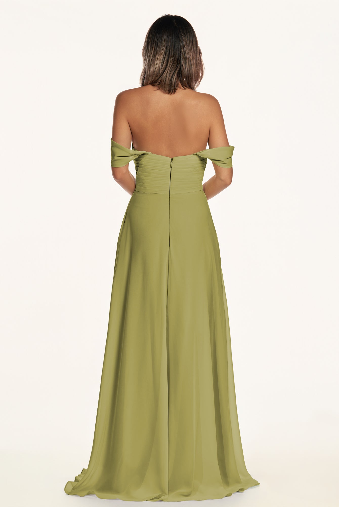 KissDress-Breona Moss Green A Line Chiffon Off the Shoulder Twisted Long Bridesmaid Dress