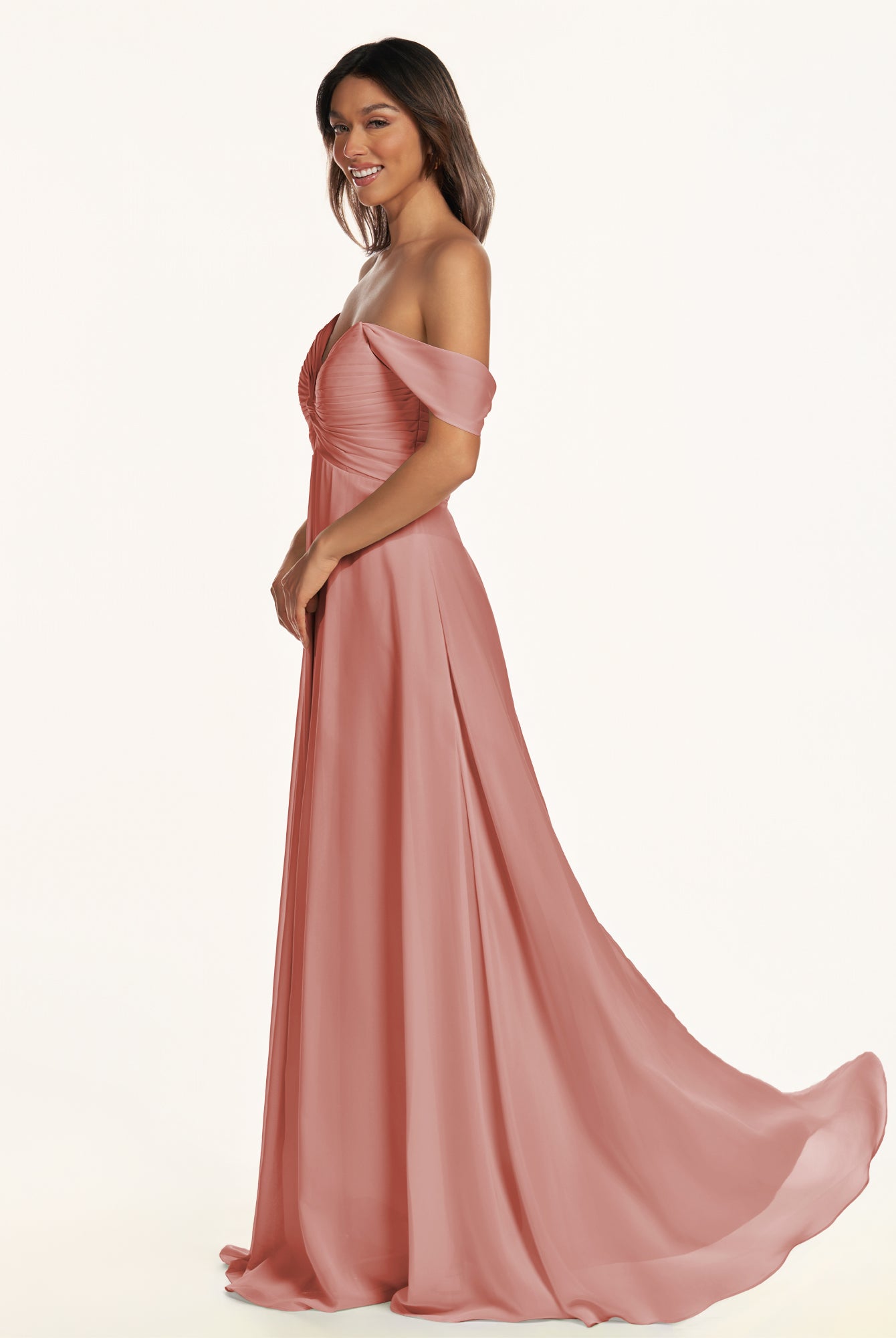 KissDress-Breona Mulberry A Line Chiffon Off the Shoulder Twisted Long Bridesmaid Dress