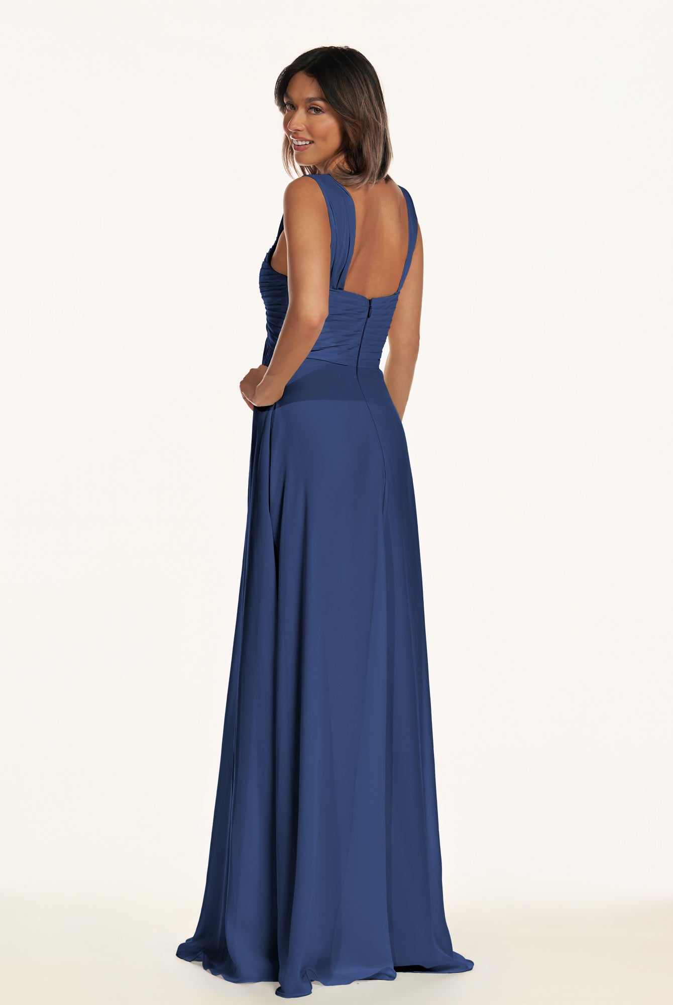 KissDress-Breona Navy A Line Chiffon Off the Shoulder Twisted Long Bridesmaid Dress
