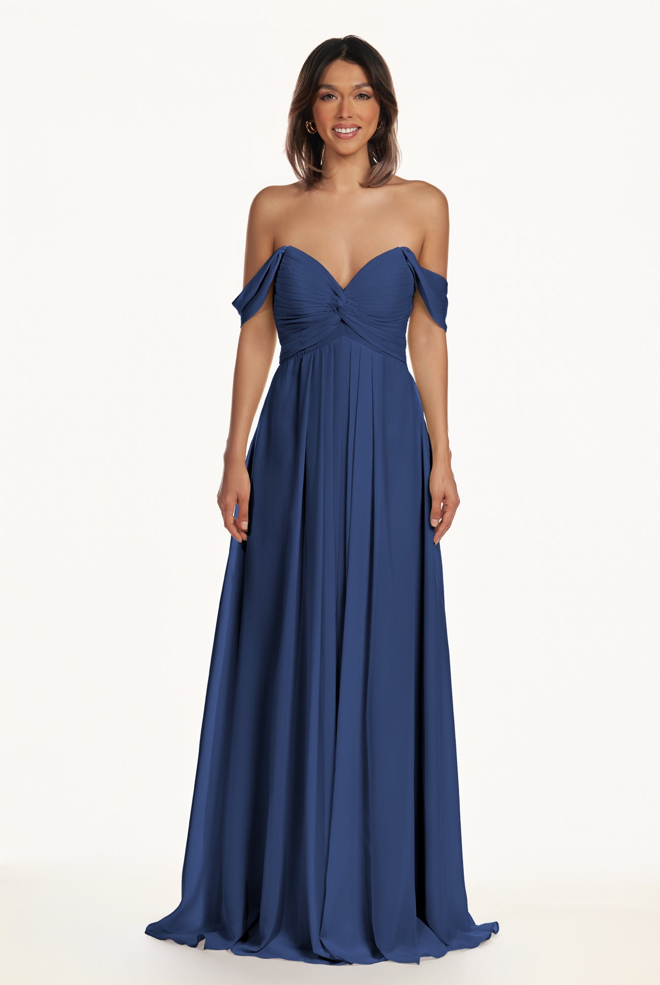 KissDress-Breona Navy A Line Chiffon Off the Shoulder Twisted Long Bridesmaid Dress