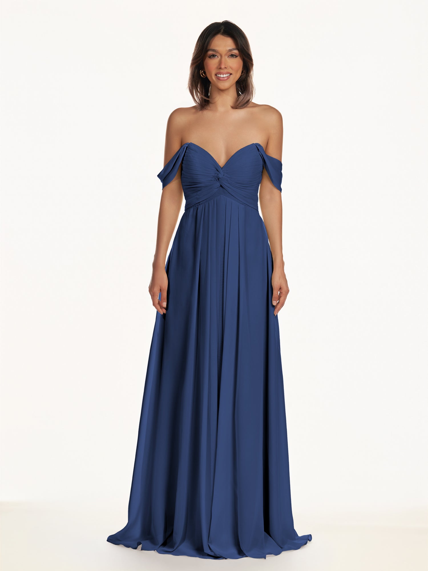 KissDress-Breona Navy A Line Chiffon Off the Shoulder Twisted Long Bridesmaid Dress