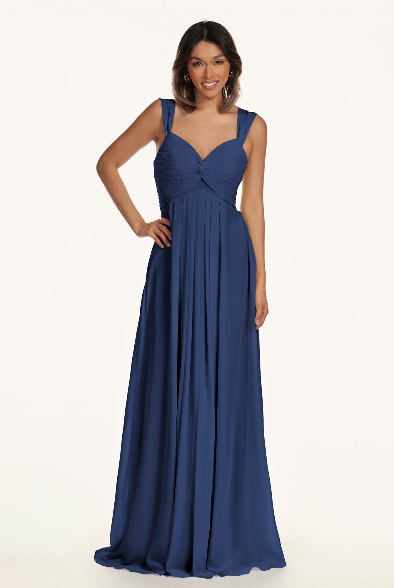 KissDress-Breona Navy A Line Chiffon Off the Shoulder Twisted Long Bridesmaid Dress