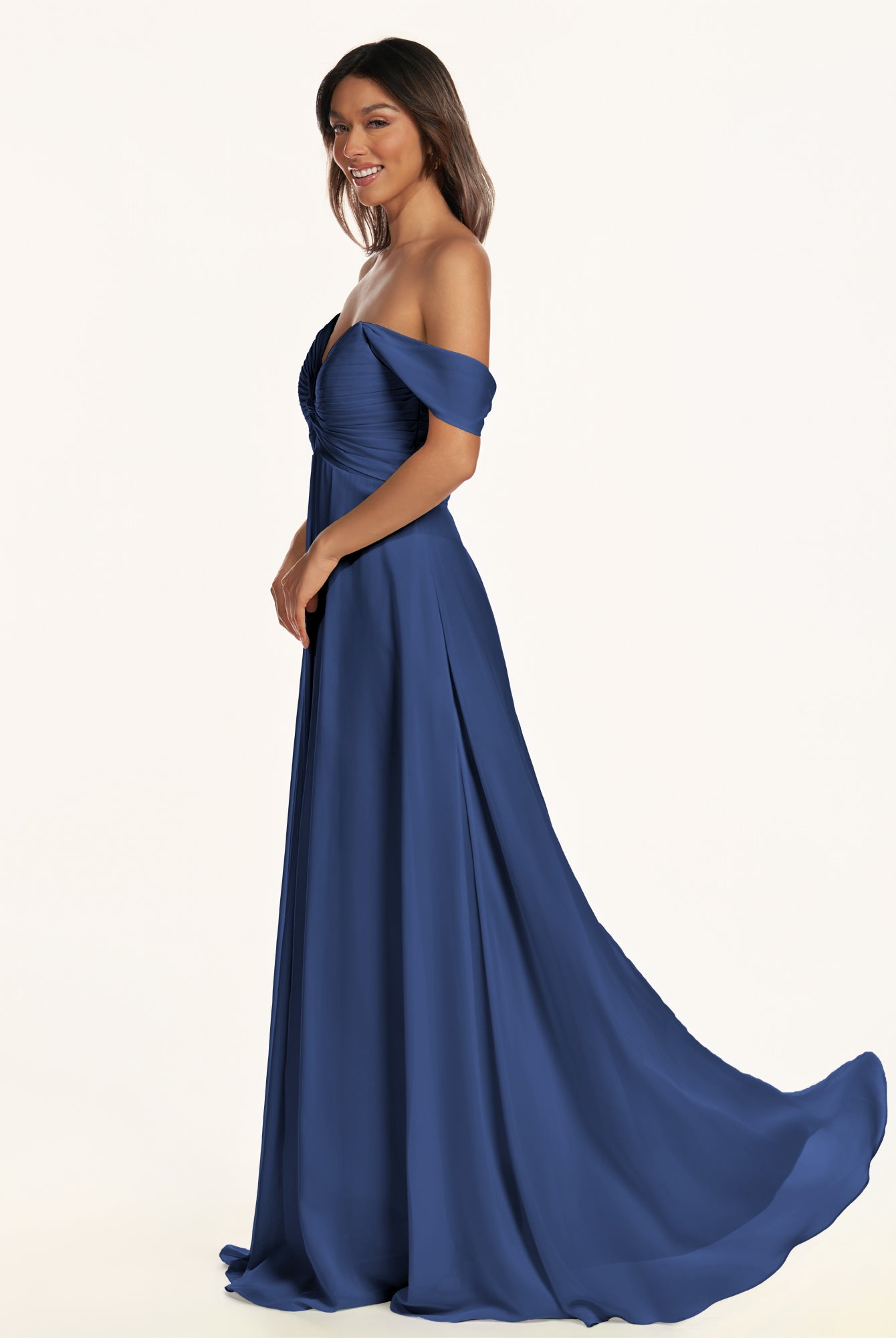 KissDress-Breona Navy A Line Chiffon Off the Shoulder Twisted Long Bridesmaid Dress