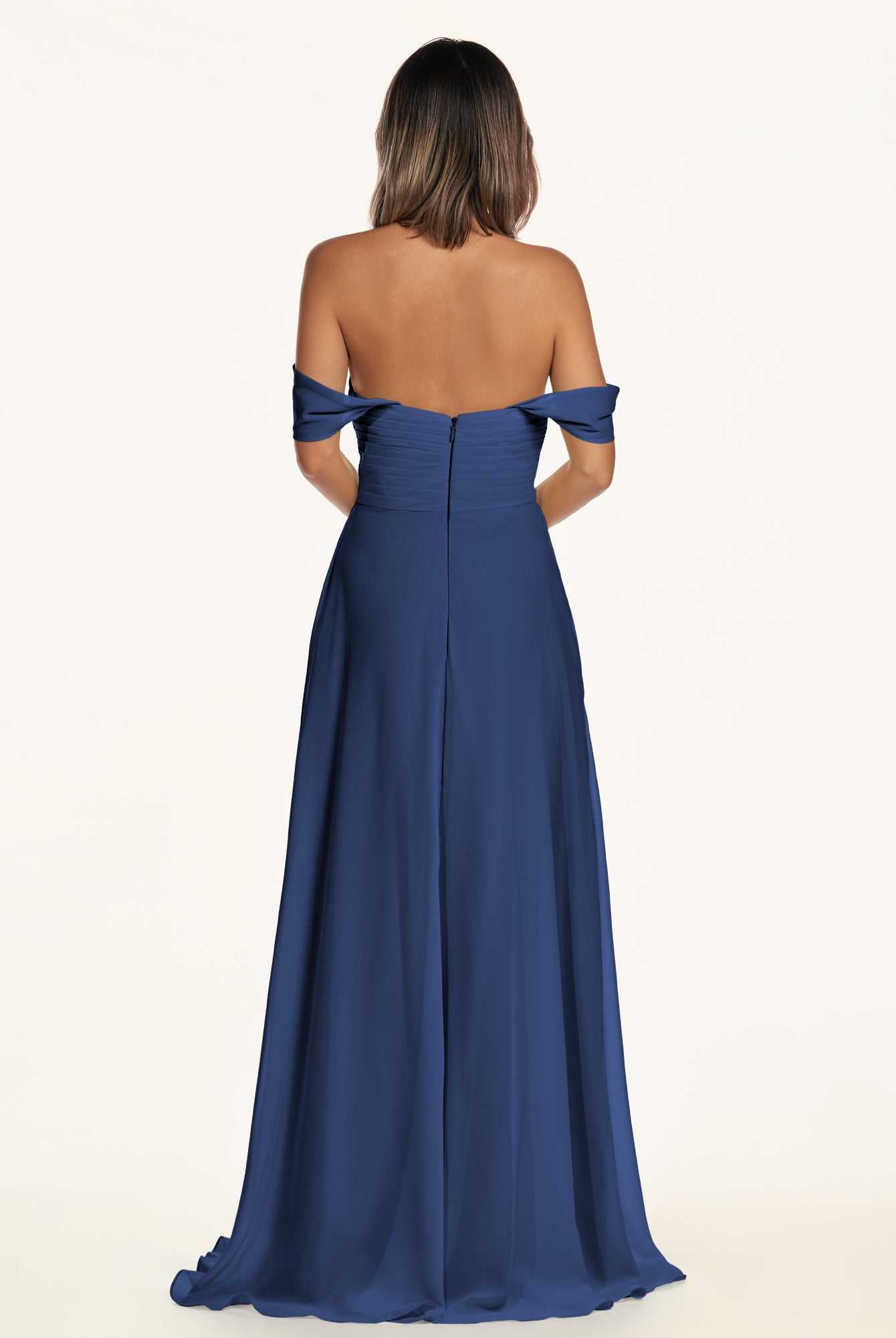 KissDress-Breona Navy A Line Chiffon Off the Shoulder Twisted Long Bridesmaid Dress