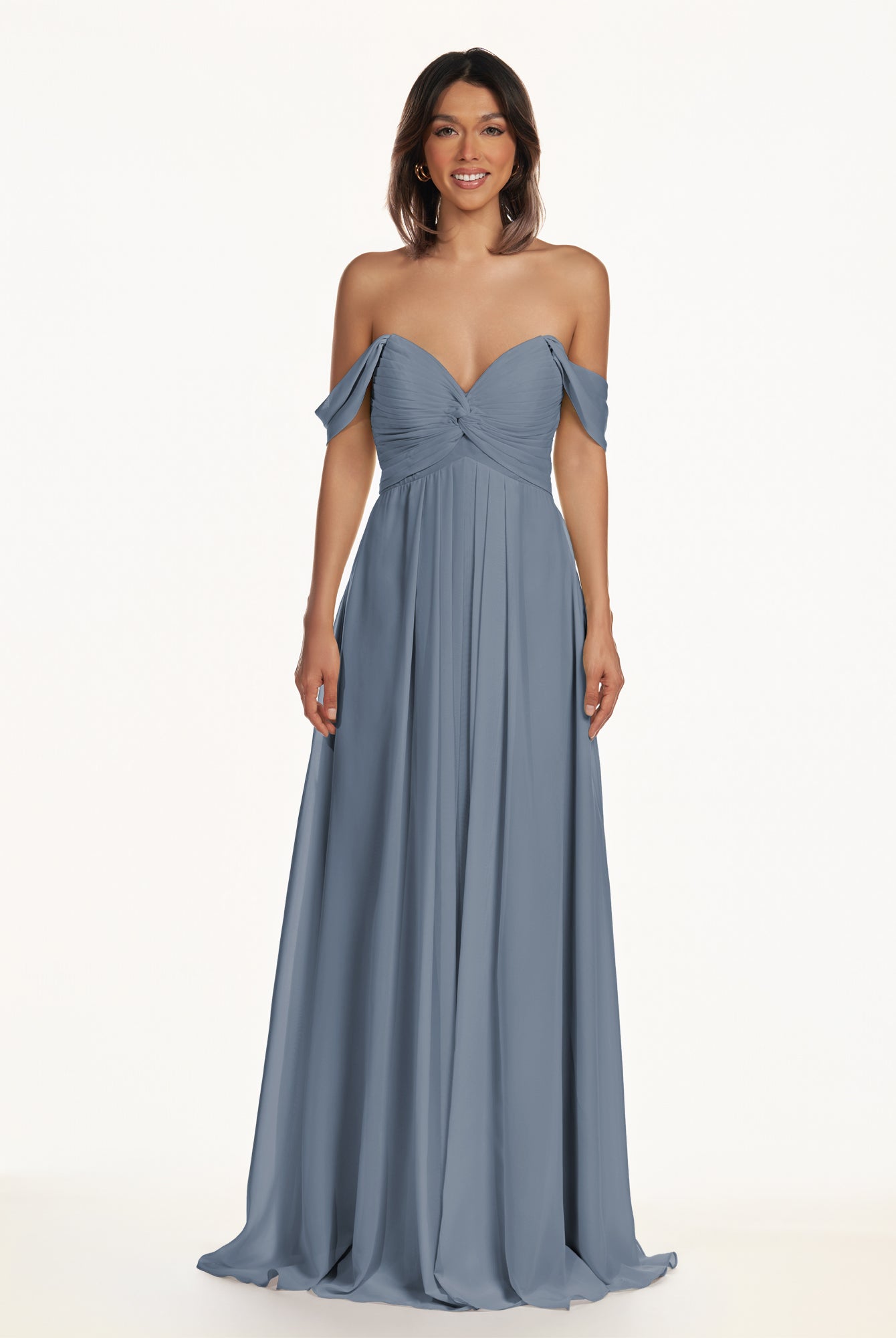 KissDress-Breona Neptune A Line Chiffon Off the Shoulder Twisted Long Bridesmaid Dress
