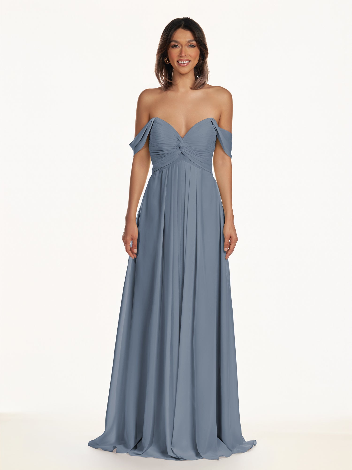 KissDress-Breona Neptune A Line Chiffon Off the Shoulder Twisted Long Bridesmaid Dress