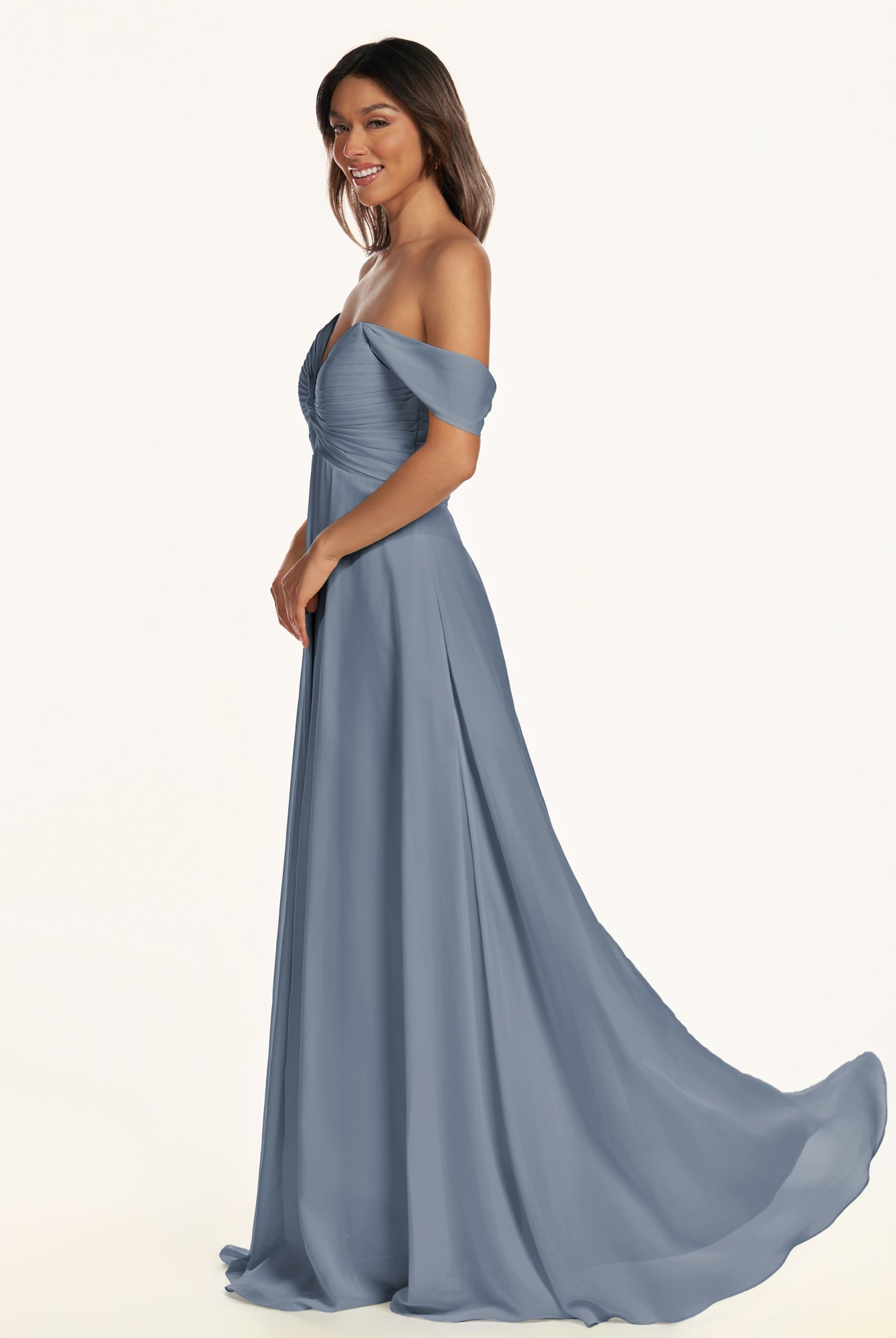 KissDress-Breona Neptune A Line Chiffon Off the Shoulder Twisted Long Bridesmaid Dress