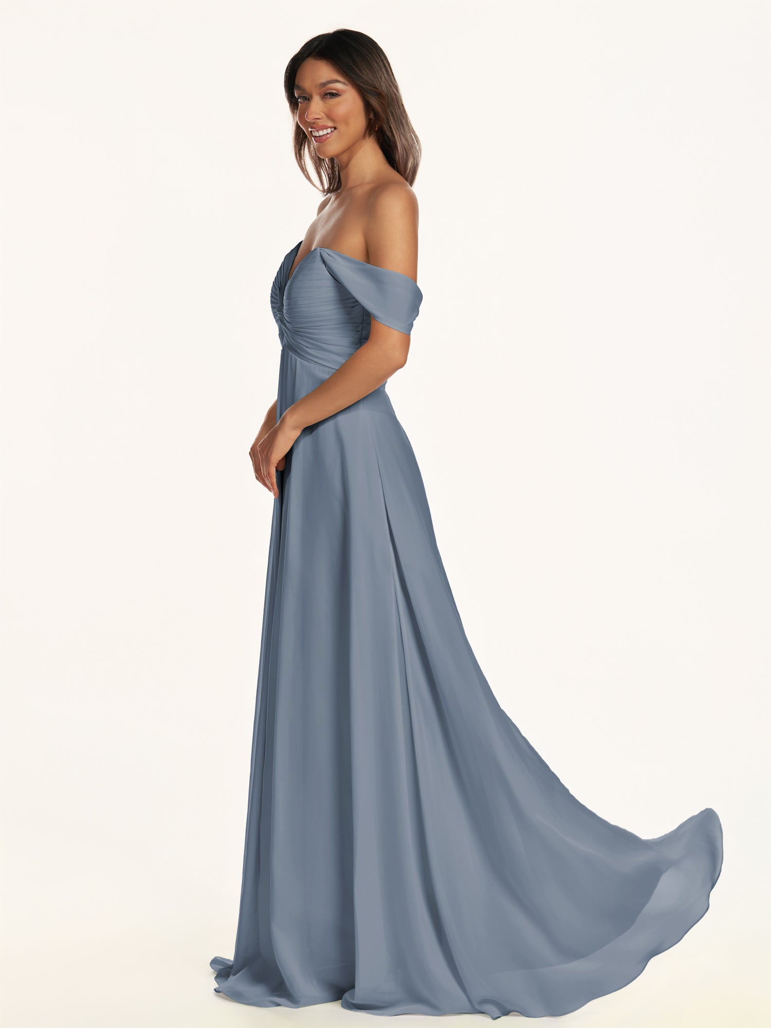 KissDress-Breona Neptune A Line Chiffon Off the Shoulder Twisted Long Bridesmaid Dress