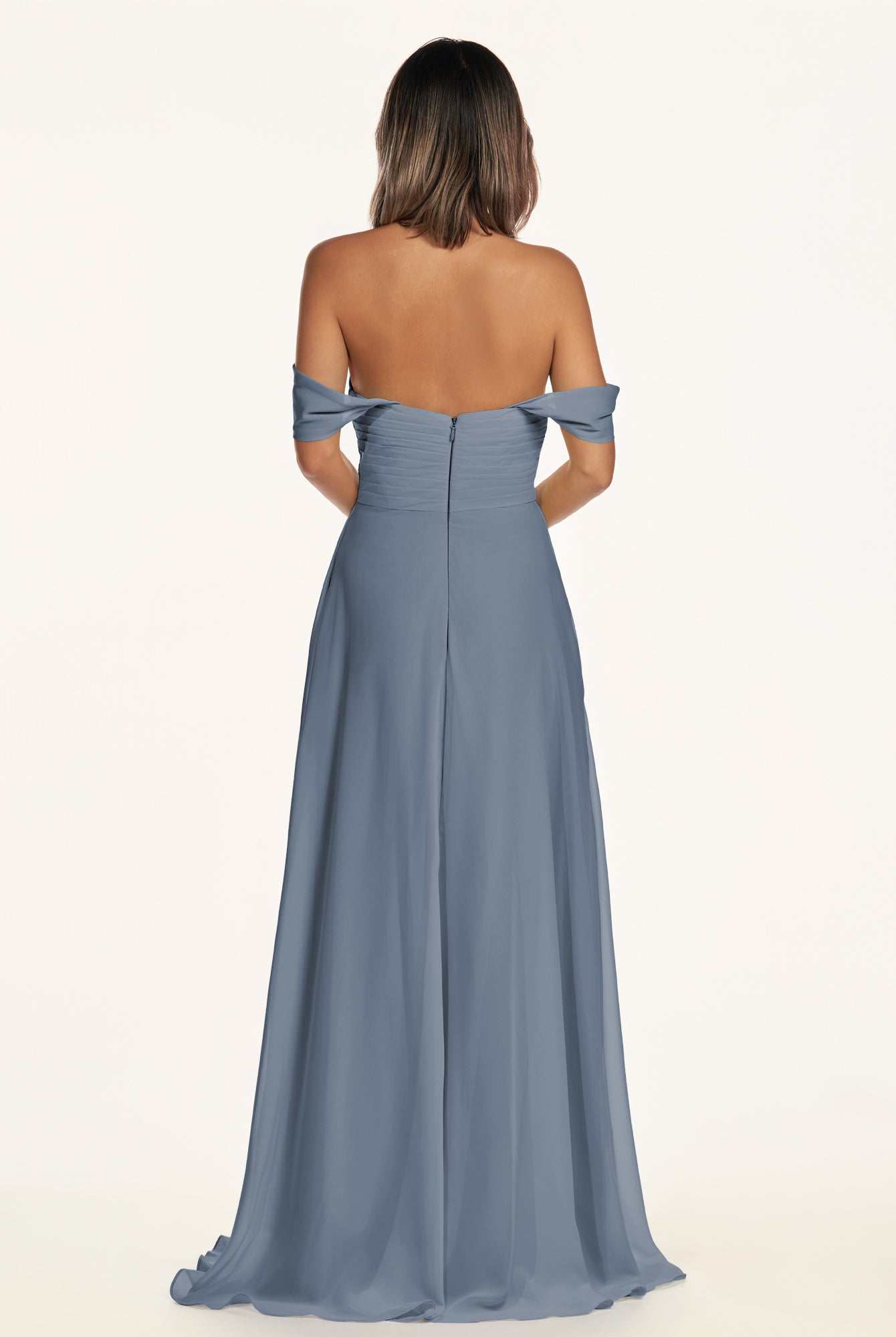 KissDress-Breona Neptune A Line Chiffon Off the Shoulder Twisted Long Bridesmaid Dress