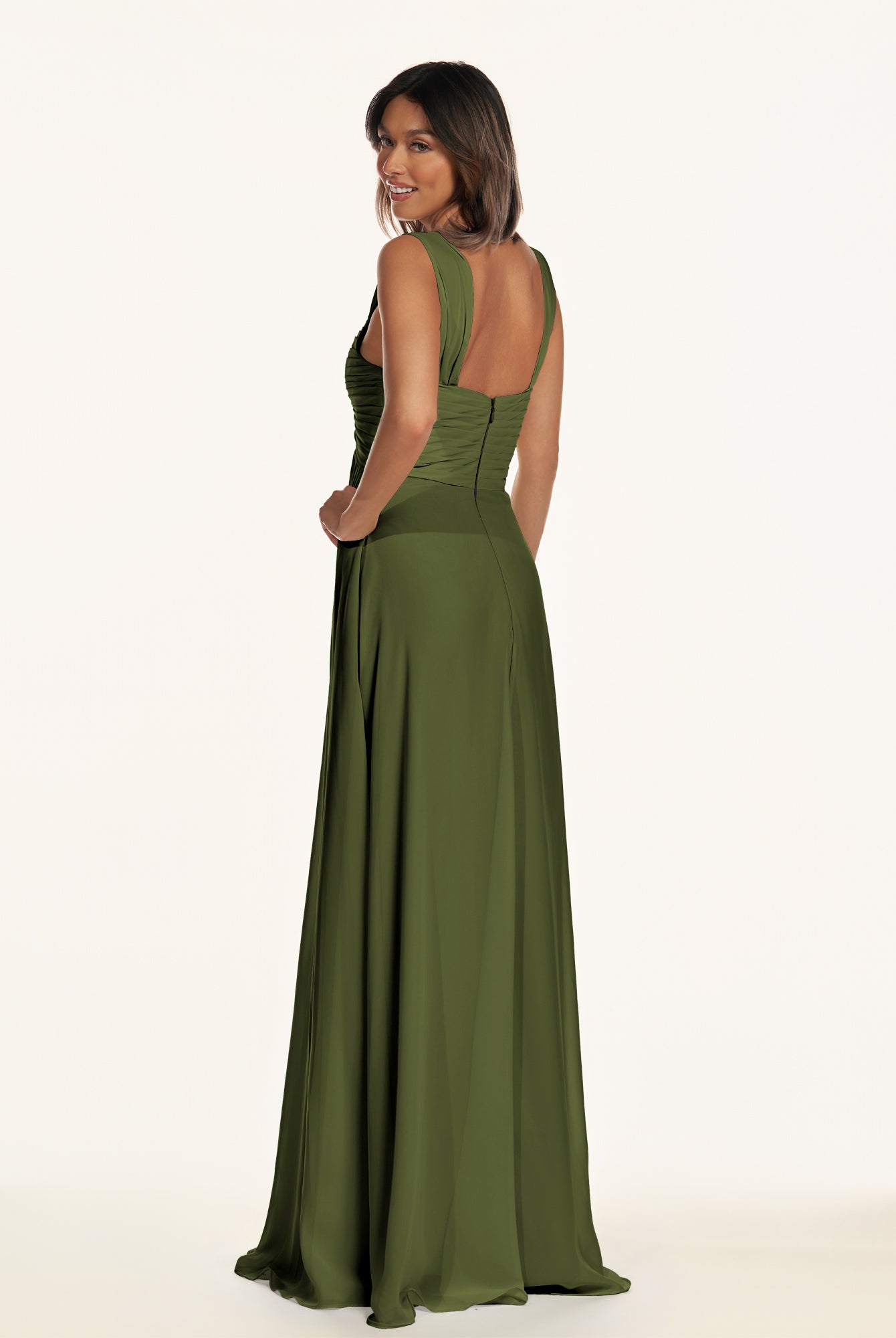 KissDress-Breona Olive A Line Chiffon Off the Shoulder Twisted Long Bridesmaid Dress