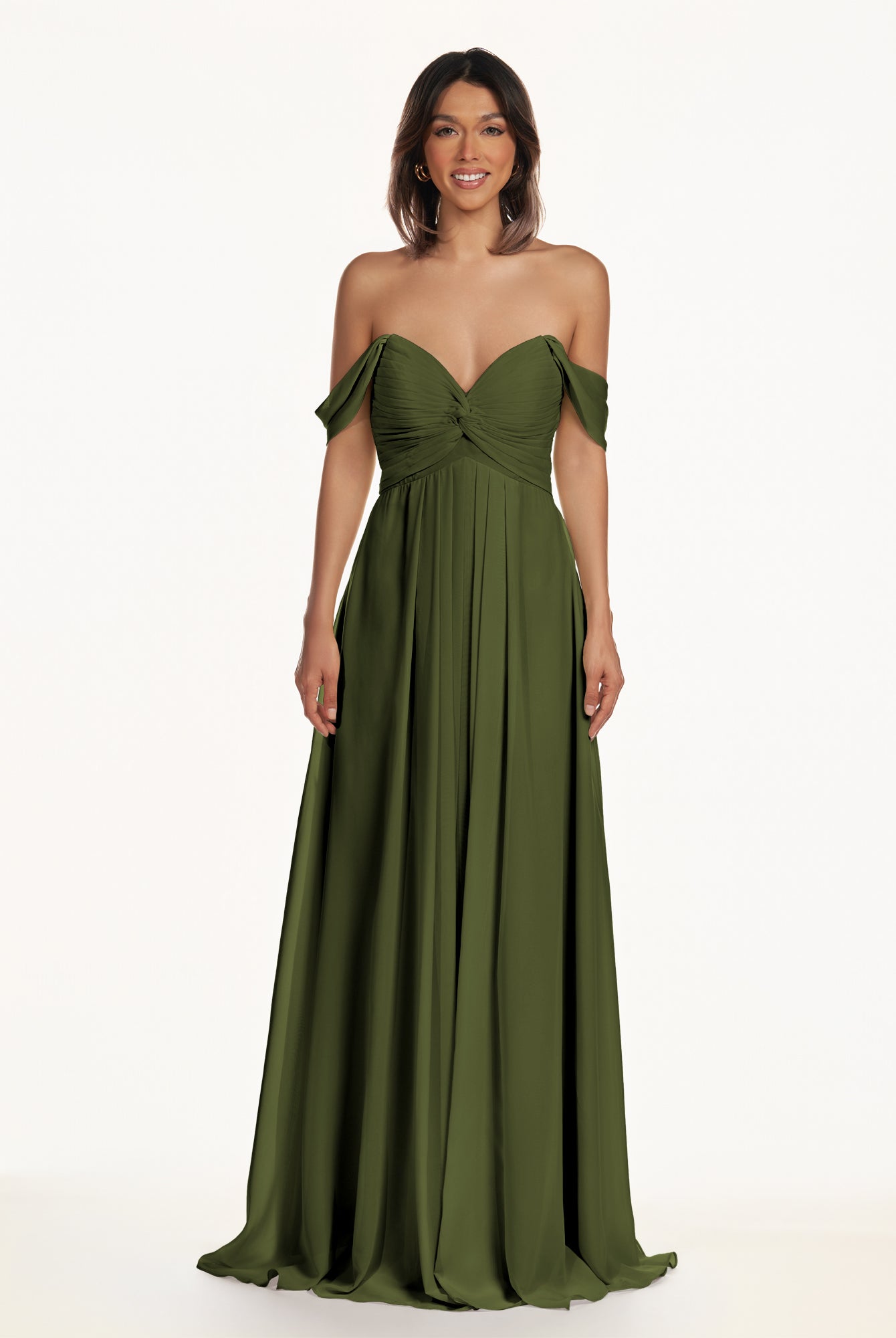 KissDress-Breona Olive A Line Chiffon Off the Shoulder Twisted Long Bridesmaid Dress