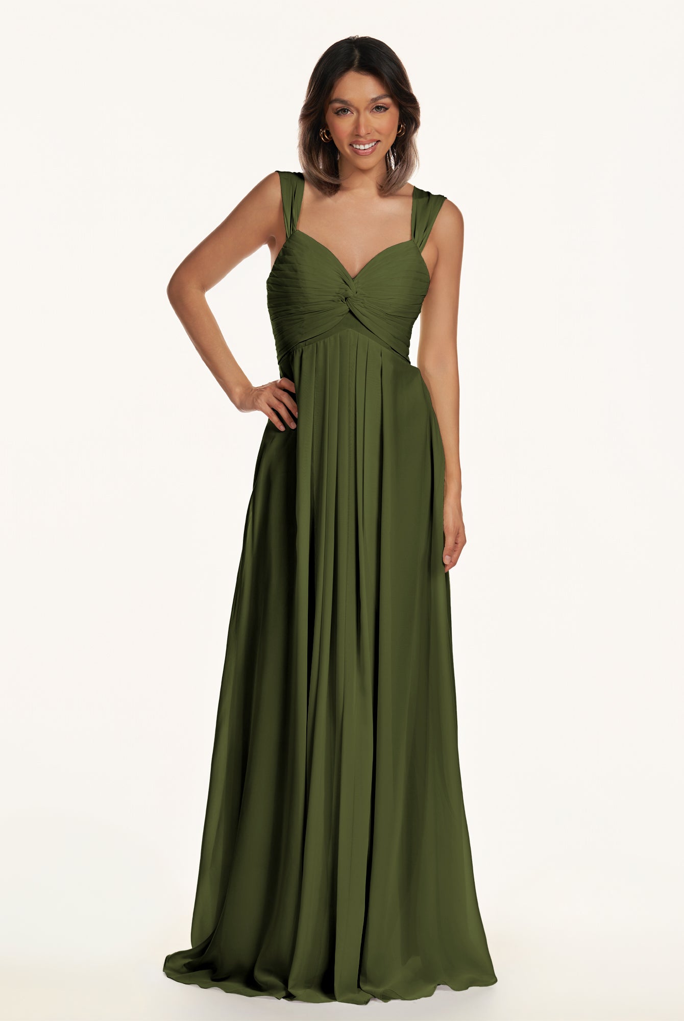 KissDress-Breona Olive A Line Chiffon Off the Shoulder Twisted Long Bridesmaid Dress
