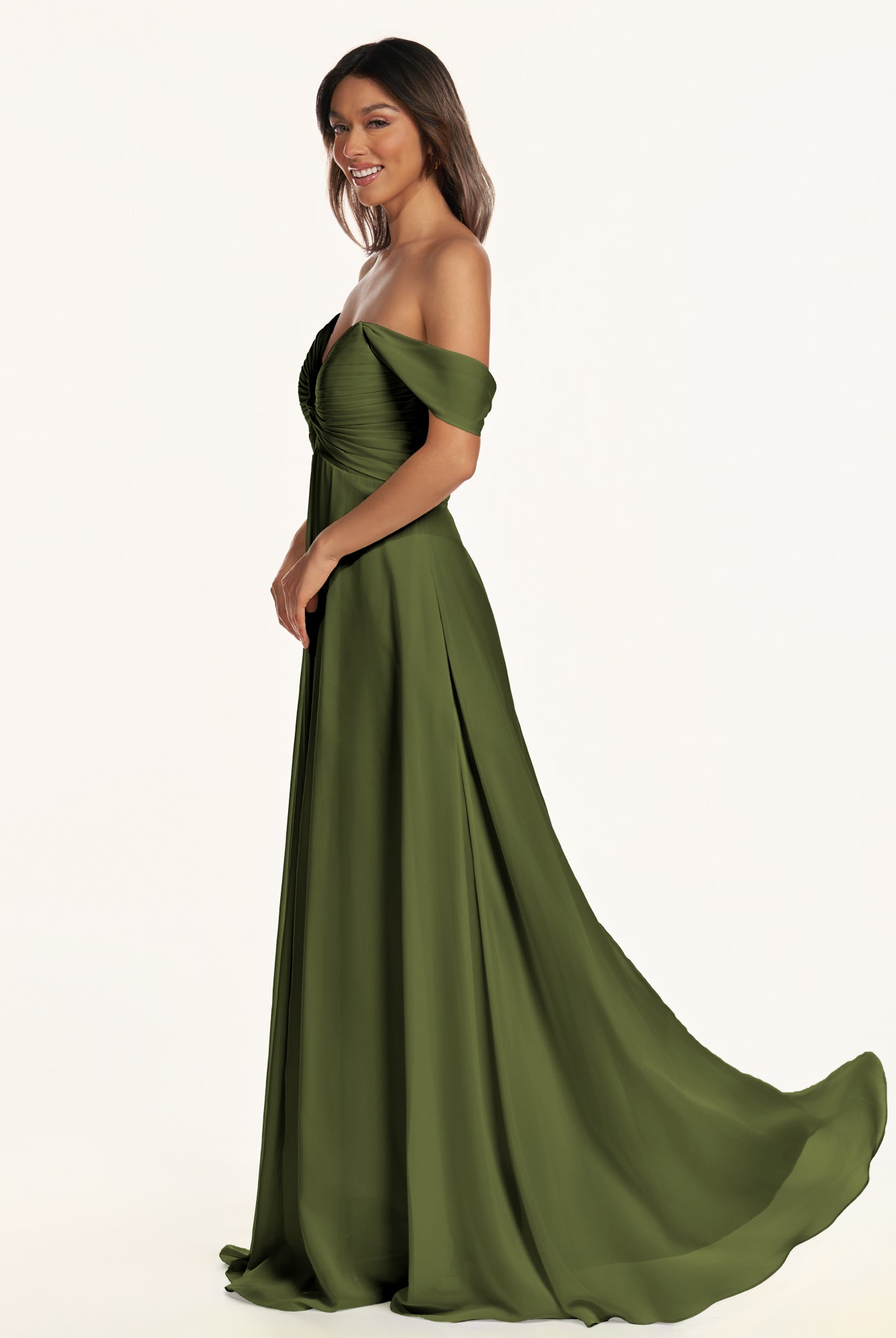 KissDress-Breona Olive A Line Chiffon Off the Shoulder Twisted Long Bridesmaid Dress